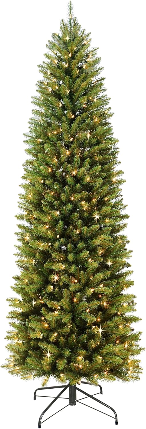 Puleo International 7.5ft Pre-Lit Slim Fraser Fir Christmas Tree with 350 Clear Lights, 1188 Realistic Dense Branch Tips
