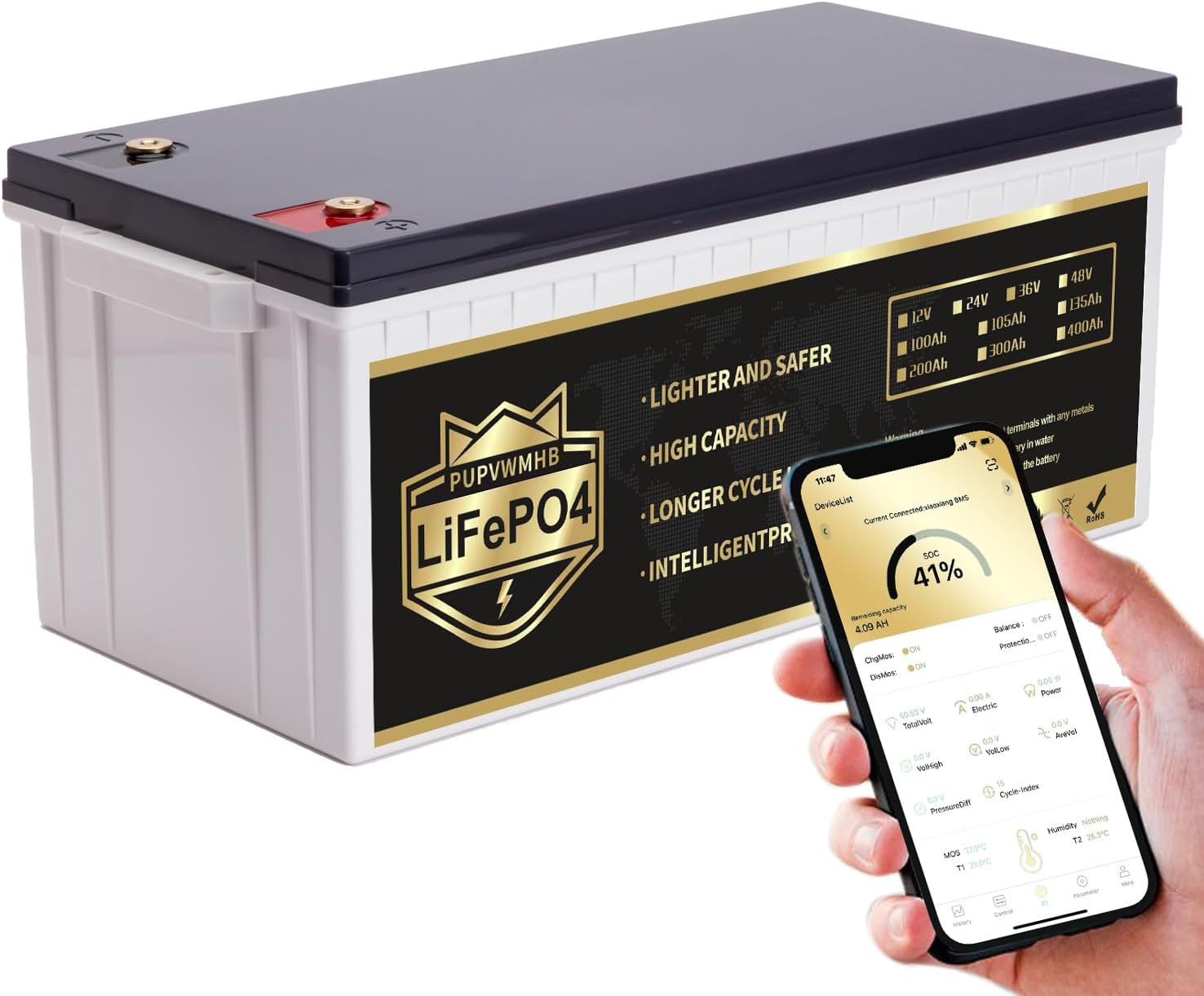 PUPVWMHB 12V 200Ah LiFePO4 Lithium Battery, Bluetooth, 200A BMS, 8000+ Cycles, for RV, Camping, Off-Grid, Trolling Motor