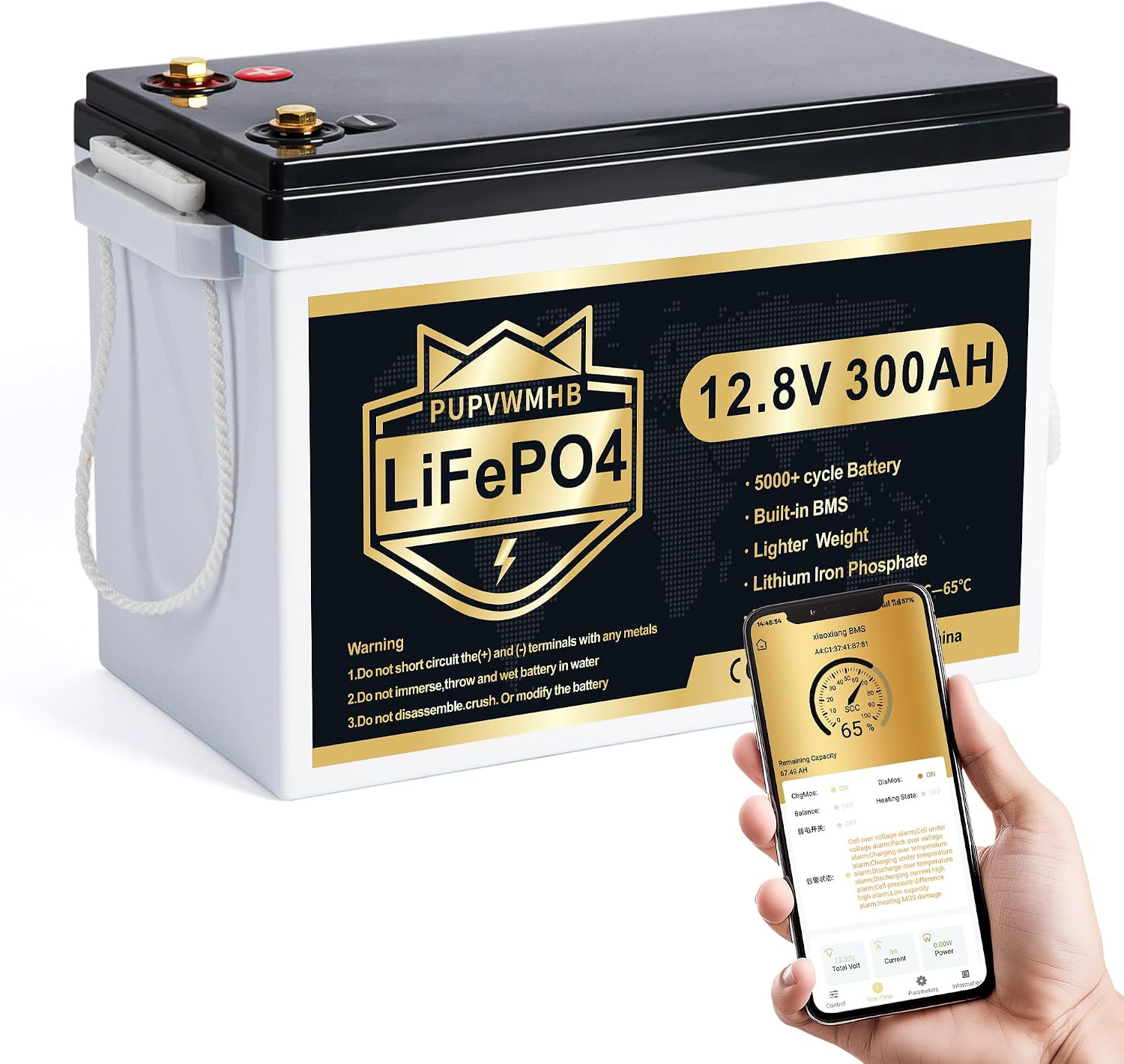 PUPVWMHB 12V 300Ah LiFePO4 Lithium Battery, Bluetooth, 200A BMS, 15000 Cycles, Low Temp Cut Off, for RV Solar Trolling Motor