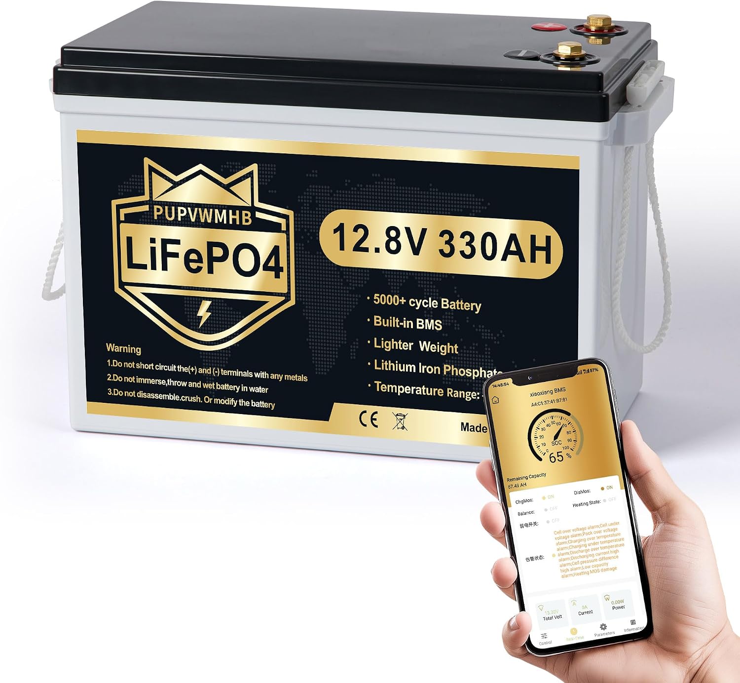 PUPVWMHB 12V 330Ah LiFePO4 Lithium Battery, Bluetooth, 200A BMS, 15000 Cycles, Low Temp Cut Off, for RV Solar Trolling Motor