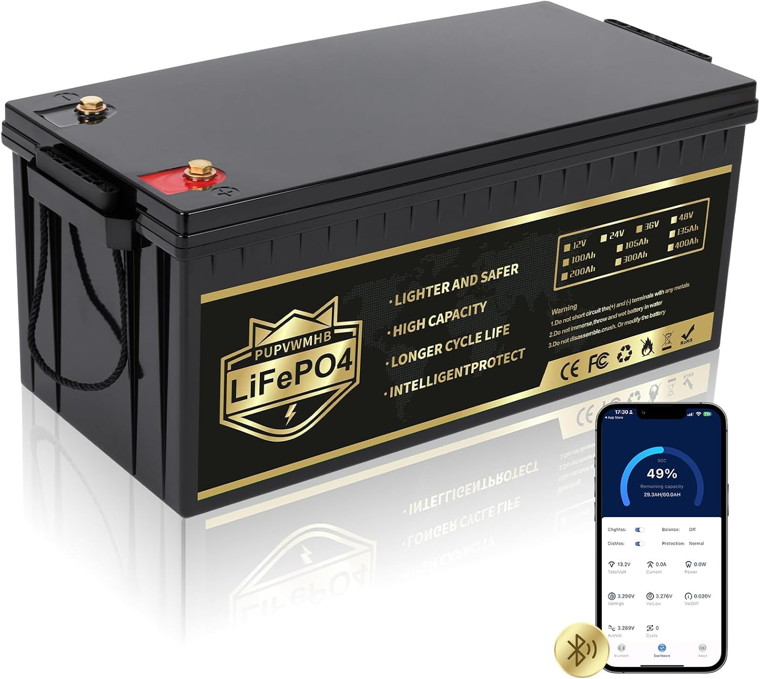 PUPVWMHB 36V 105Ah LiFePO4 Lithium Battery, Bluetooth, 200A BMS, 8000+ Cycles, for Golf Cart, RV, Solar, Trolling Motor