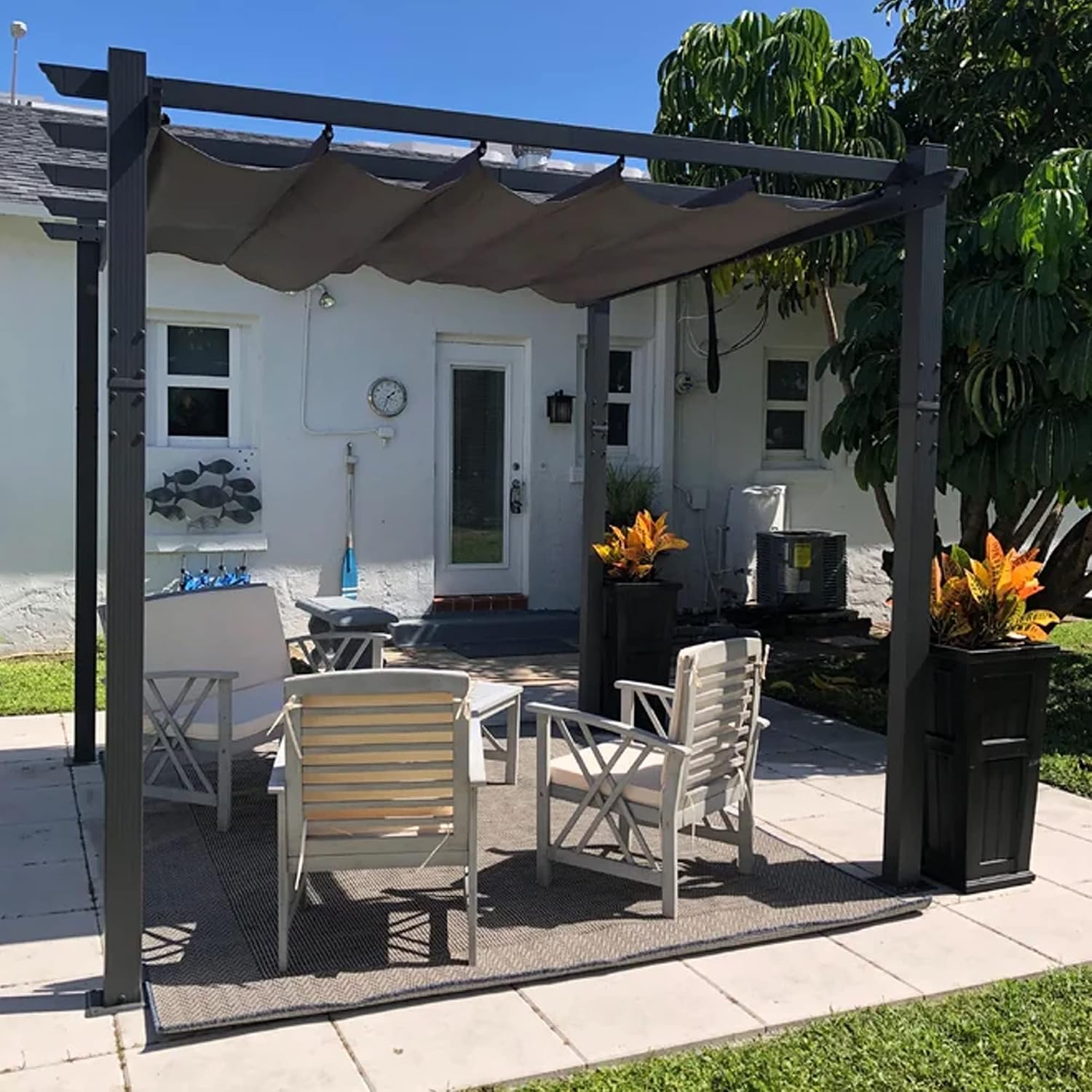 PURPLE LEAF 10′ x 10′ Outdoor Retractable Pergola – Metal Canopy Shelter for Patio, Garden, Porch, Grill, or Modern Backyard (Gray)