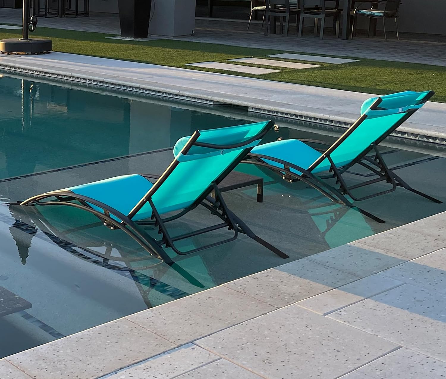 Purple Leaf Patio Chaise Lounge Set of 3 Outdoor Lounge Chair Beach Pool Sunbathing Lawn Lounger Recliner Chiar Outside Tanning Chairs with Arm for All Weather, Side Table Included, Turquoise Blue