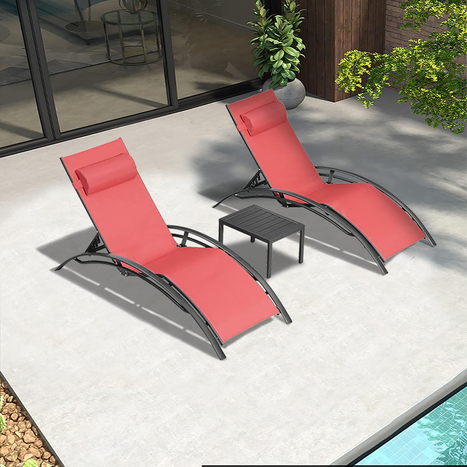 PURPLE LEAF Patio Chaise Lounge Set Outdoor Lounge Chair Beach Pool Sunbathing Lawn Lounger Recliner Chair Outside Tanning Chairs with Arm for All Weather Side Table Included Coral Red