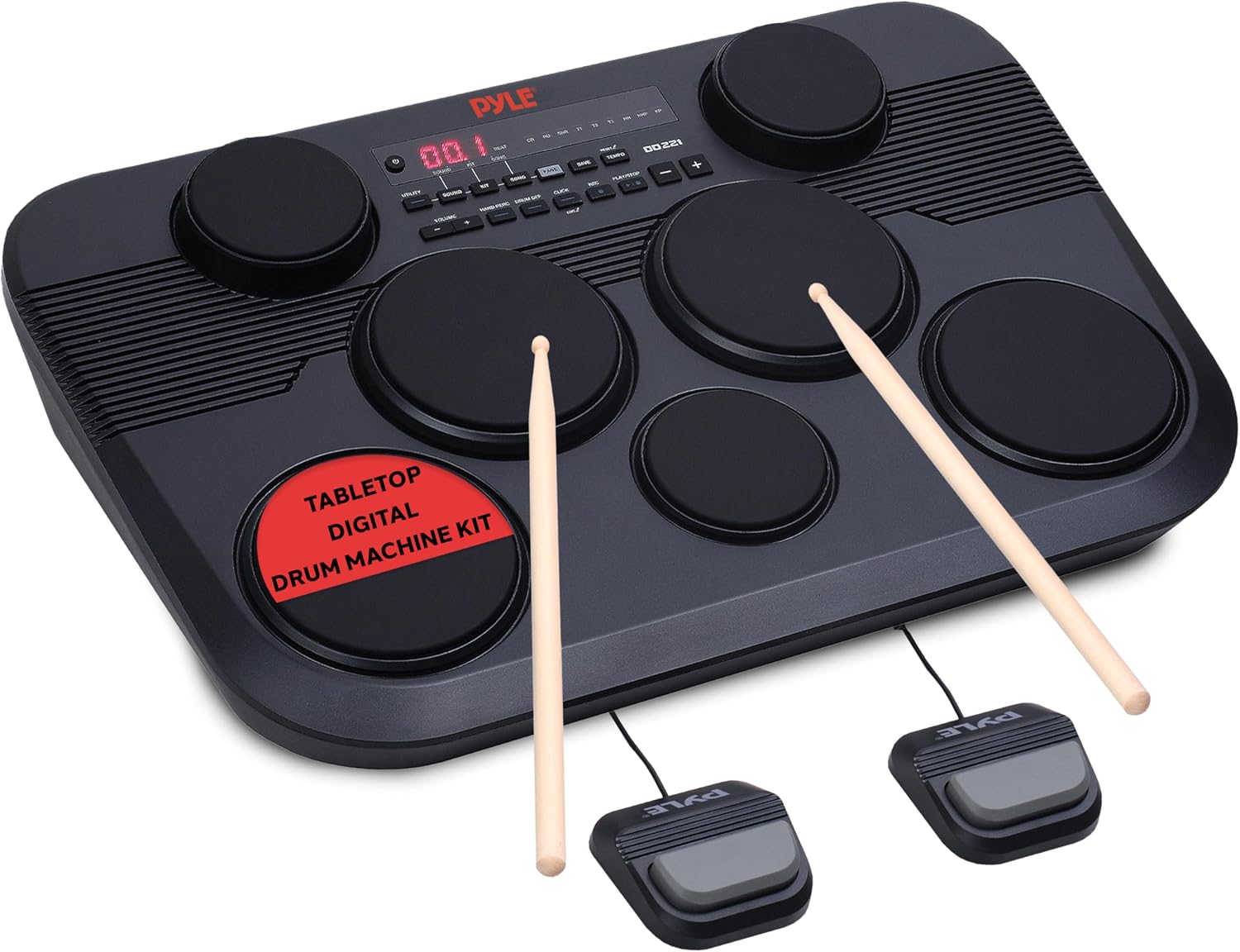 Pyle Electronic Tabletop Digital Drum Set w/ 7 Touch Sensitive Drum Pads and Pedals, 4×5” Drums & 3×3.5” Cymbals – Black Elite