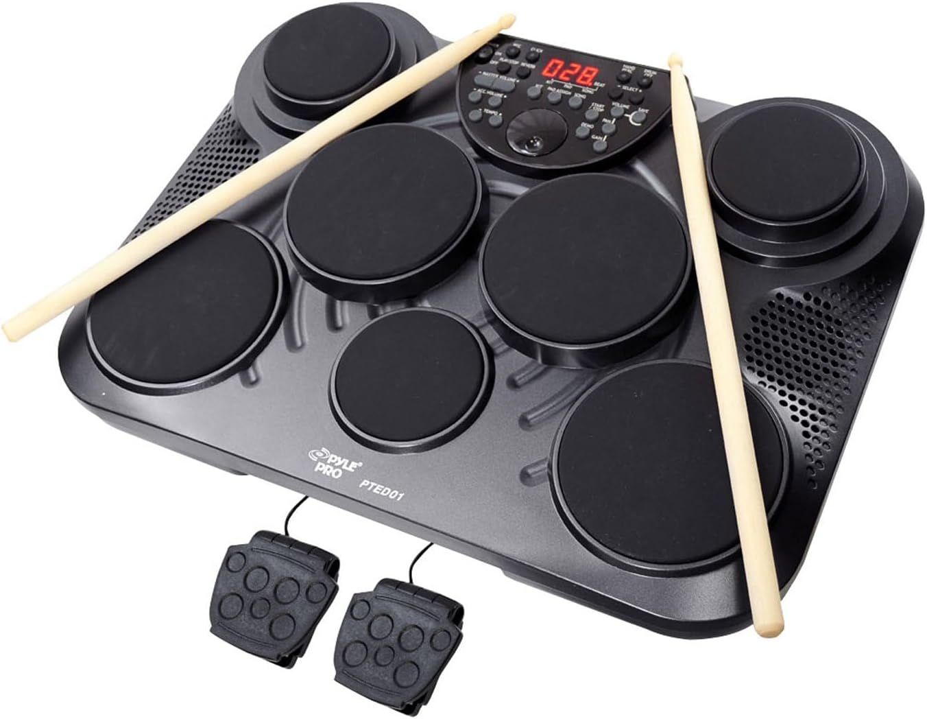 Pyle Electronic Tabletop Digital Drum Set w/ 8 Touch Sensitive Pads and Pedals, 600 Sounds, 4×5” Drums & 4×3.5” Cymbals – Black