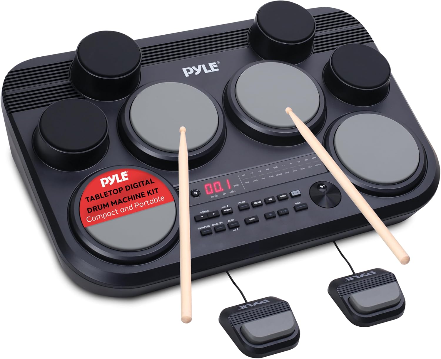 Pyle Electronic Tabletop Drum Pad Set w/ 8 Touch Sensitive Drum Pads and Pedals, 600 Sounds, USB & Headphone Outputs, MIDI/AUX Inputs (Black VIP)