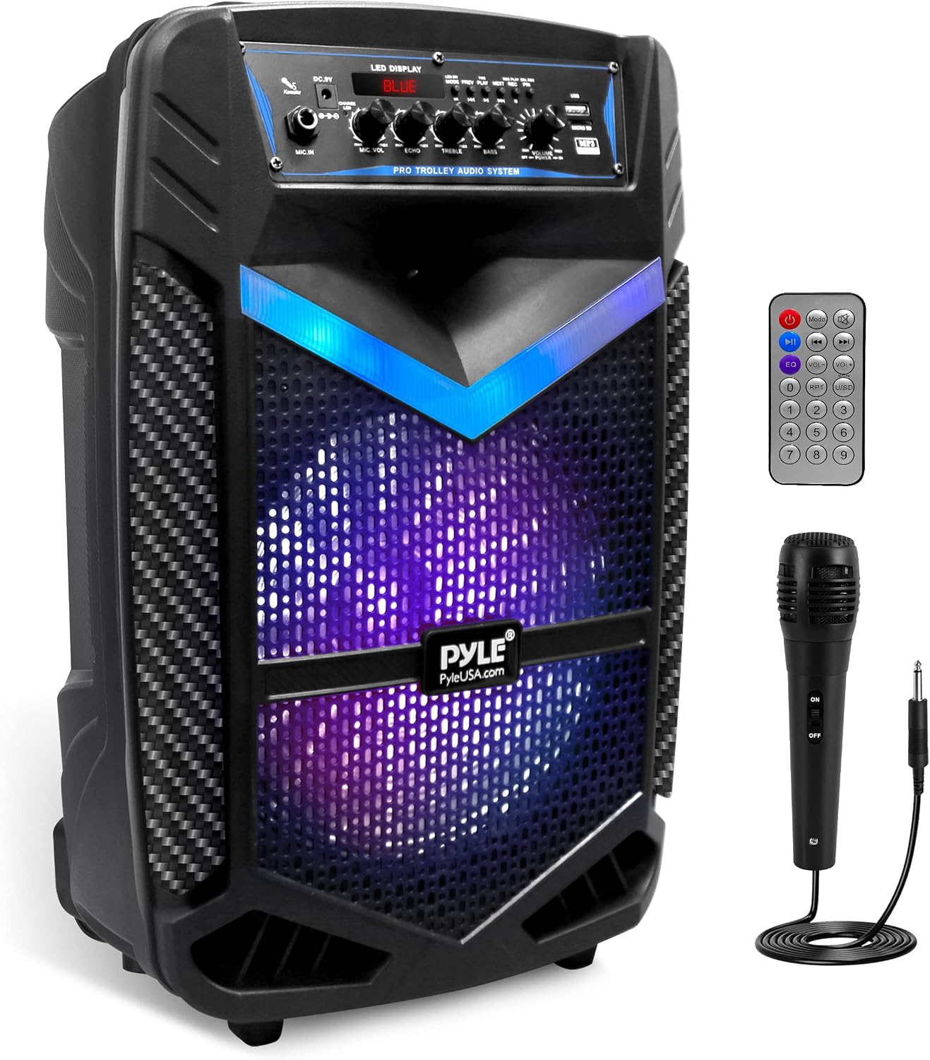 Pyle Portable Bluetooth PA Speaker System 600W – Portable PA System w/ 10” Subwoofer 1” Tweeter, Recording Function, Mic In Party Lights USB/SD Radio