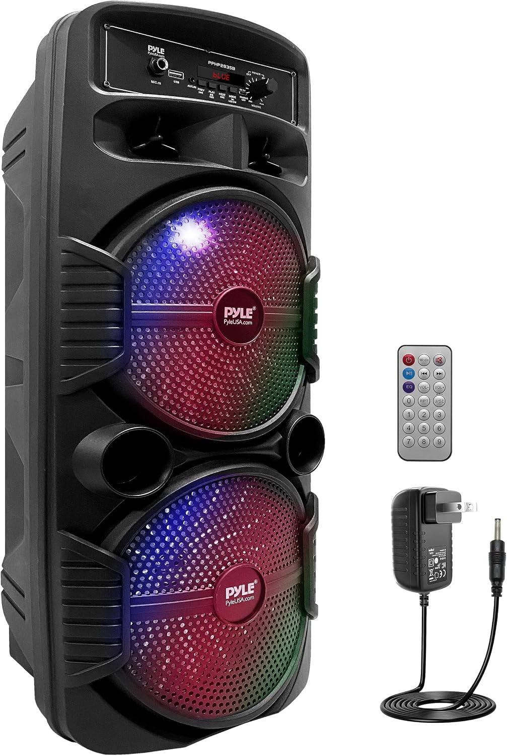 Pyle Portable Bluetooth PA Speaker System – 600W – Portable PA System w/ Dual 8” Subwoofer 1” Tweeter, Microphone In, USB, Radio, Remote – PPHP2835B