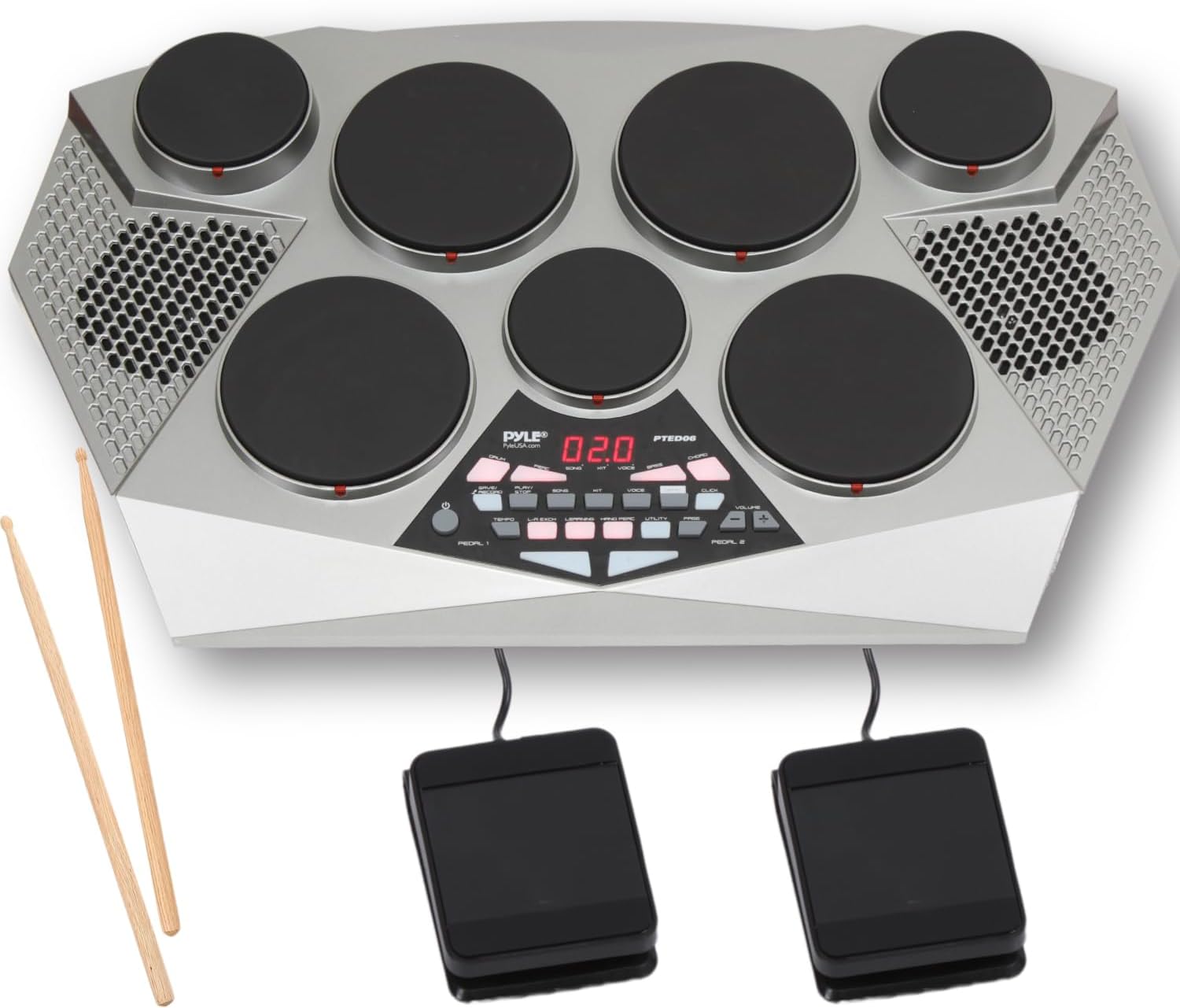 Pyle Pro Electronic Drum kit – Digital Panel, 7 Drum Pad, Hi-Hat / Kick Bass Pedal Controller USB AUX -Tom Toms, Hi-Hat, Snare Drums, Cymbals