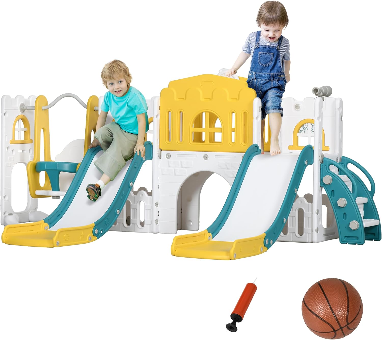 Qaba 8 in 1 Toddler Slide and Swing Set with 2 Slides, Baby Slide for Ages 1-3 with Basketball Hoop, Climber, Yellow