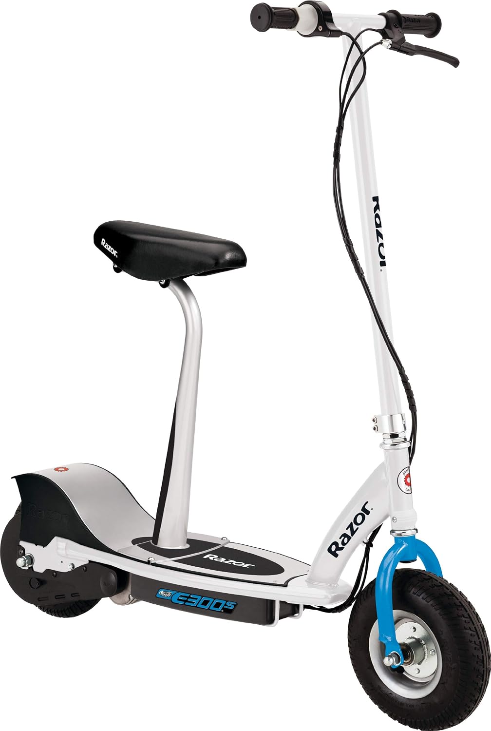 Razor E300S Seated Electric Scooter for Kids 13+ – 15MPH, 40 Min Ride Time, 9” Pneumatic Tires, Removable Seat, Max 220 lbs, White/Blue