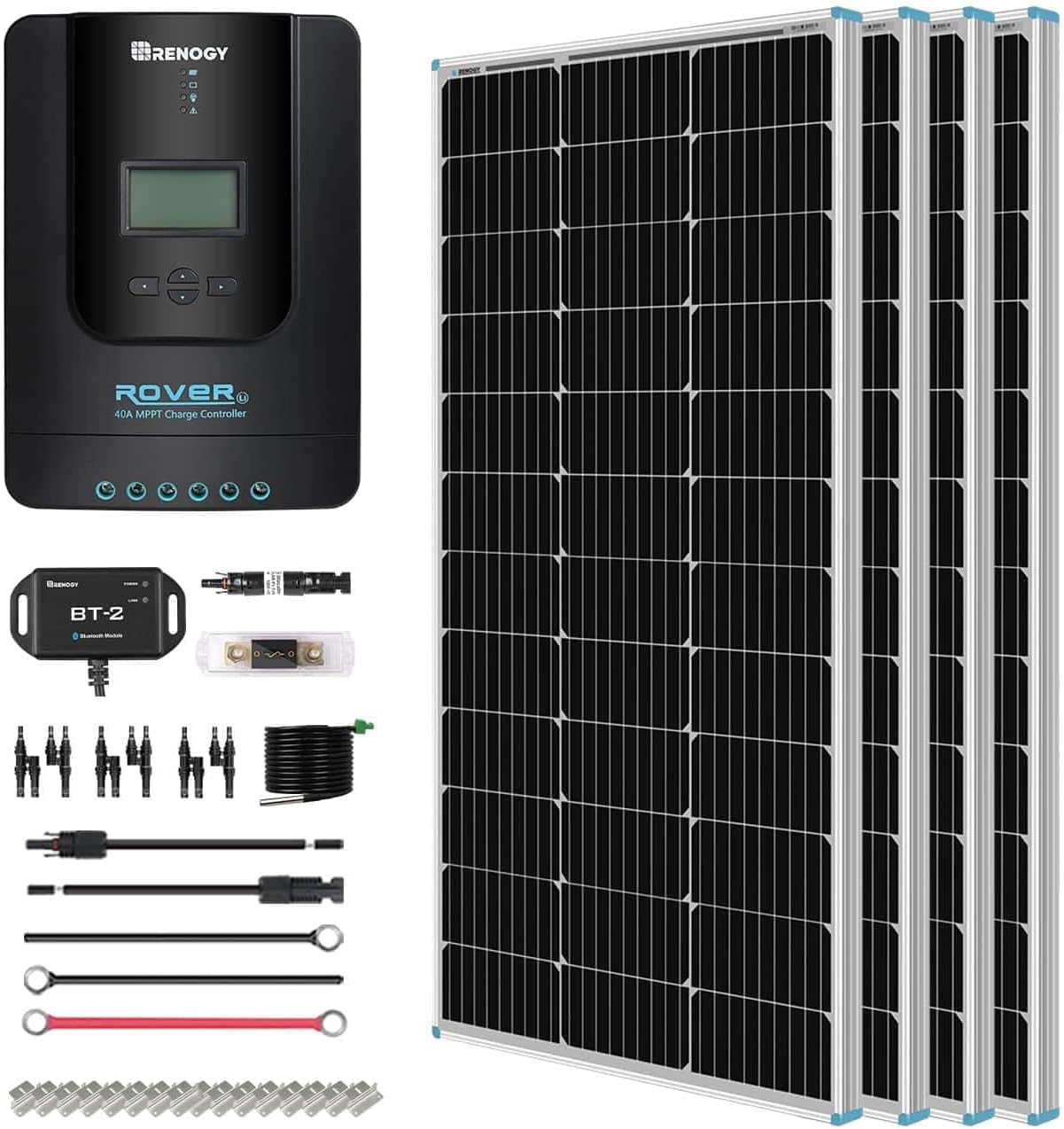 Renogy 400W 12V Premium Solar Kit, 4×100W Panels with 40A MPPT Controller, Bluetooth, Mounting Brackets, Cables for RV Solar System