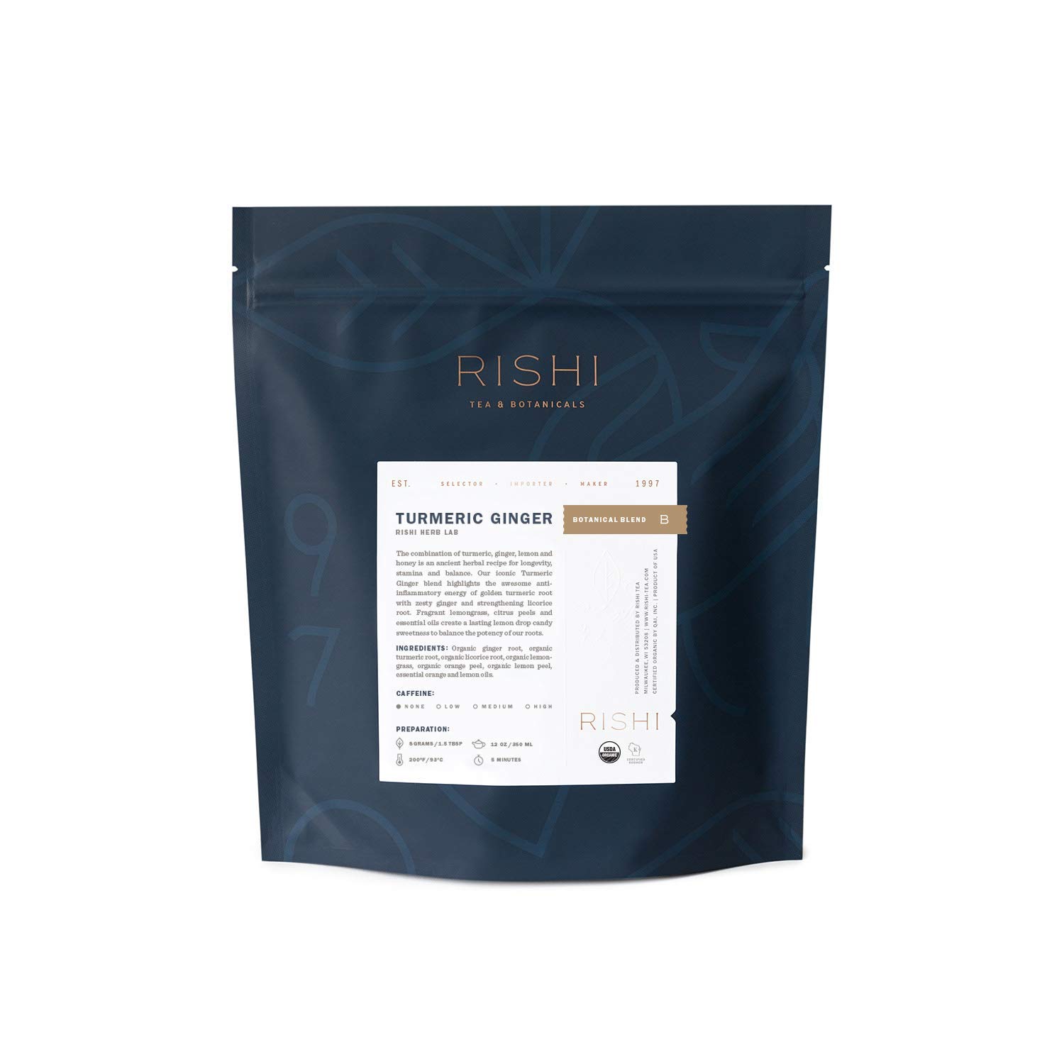 Rishi Tea Turmeric Ginger Herbal Tea – Organic Loose Leaf, Caffeine Free Ayurvedic Digestive Blend, 16 Ounces, 55+ Servings