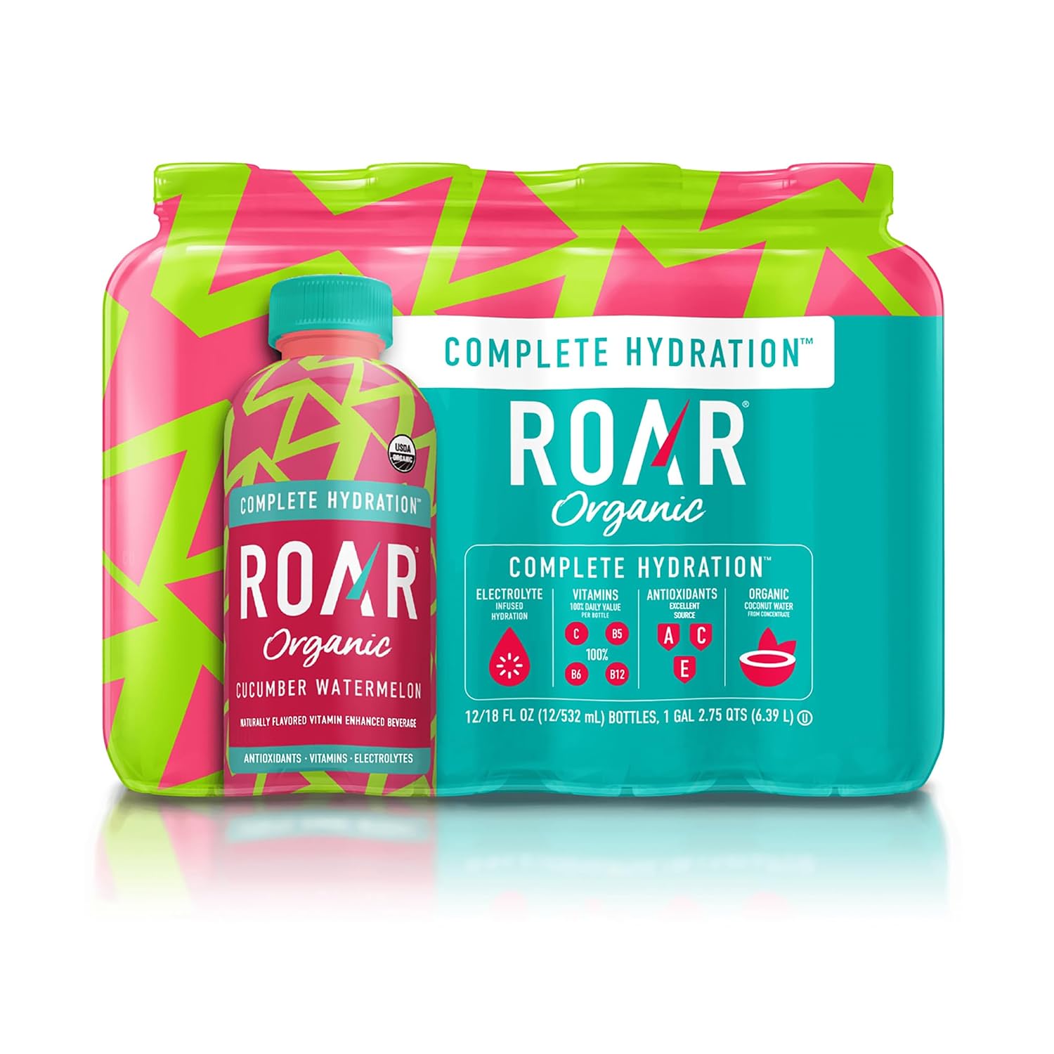 Roar Organic Electrolyte Infusions – USDA Organic – Cucumber Watermelon, Coconut Water Infused Beverage 18 Fl Oz (Pack of 12)
