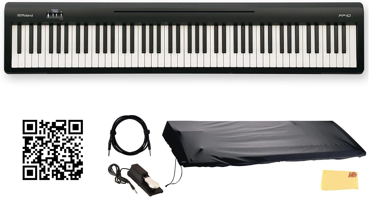Roland FP-10 88-Key Digital Piano Bundle with Sustain Pedal, Cover, Cable, Lessons, Video & Cloth