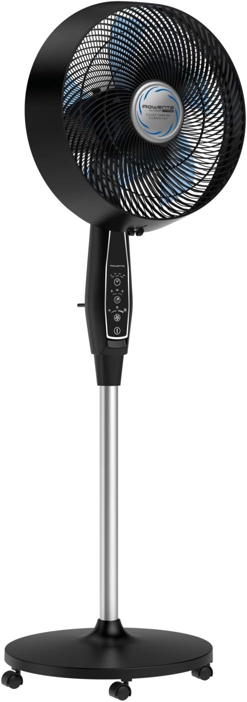 Rowenta VU4510 Outdoor Pedestal Fan, 65”, Oscillating, Ultra Quiet, 3 Speeds, Remote & Digital Control, Portable – Black