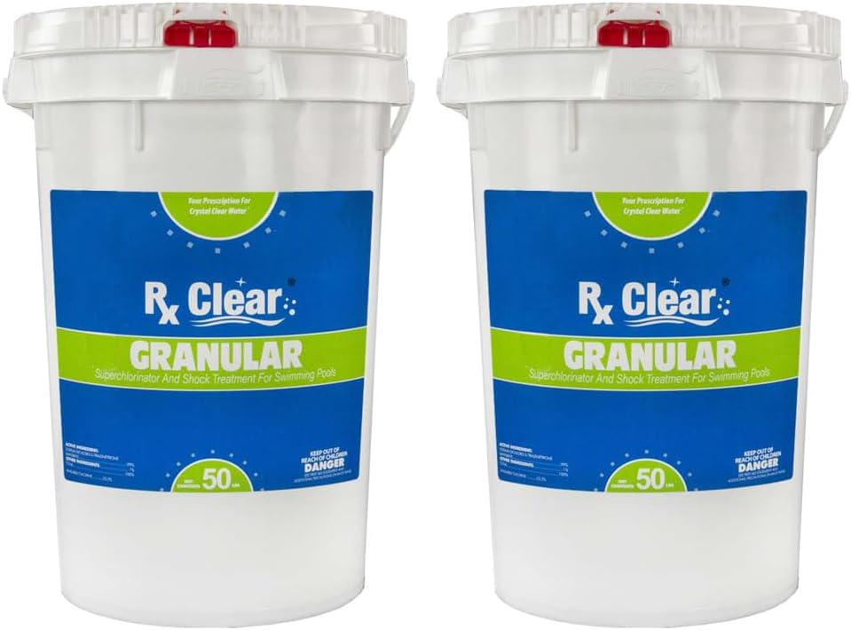 Rx Clear Stabilized Granular Chlorine | (2) x 50 Pound Buckets (100 lbs) | Use As Bactericide, Algaecide, and Disinfectant in Swimming Pools and Spas | Fast Dissolving and UV Protected