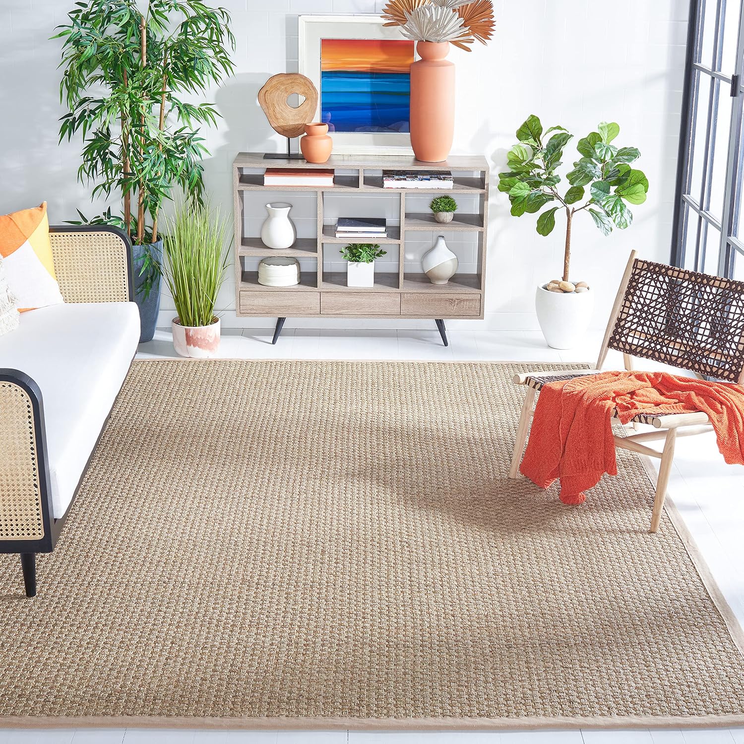 SAFAVIEH Natural Fiber 9×12 Natural Beige Seagrass Area Rug – Border Basketweave Design, Easy Care for High Traffic Living Room