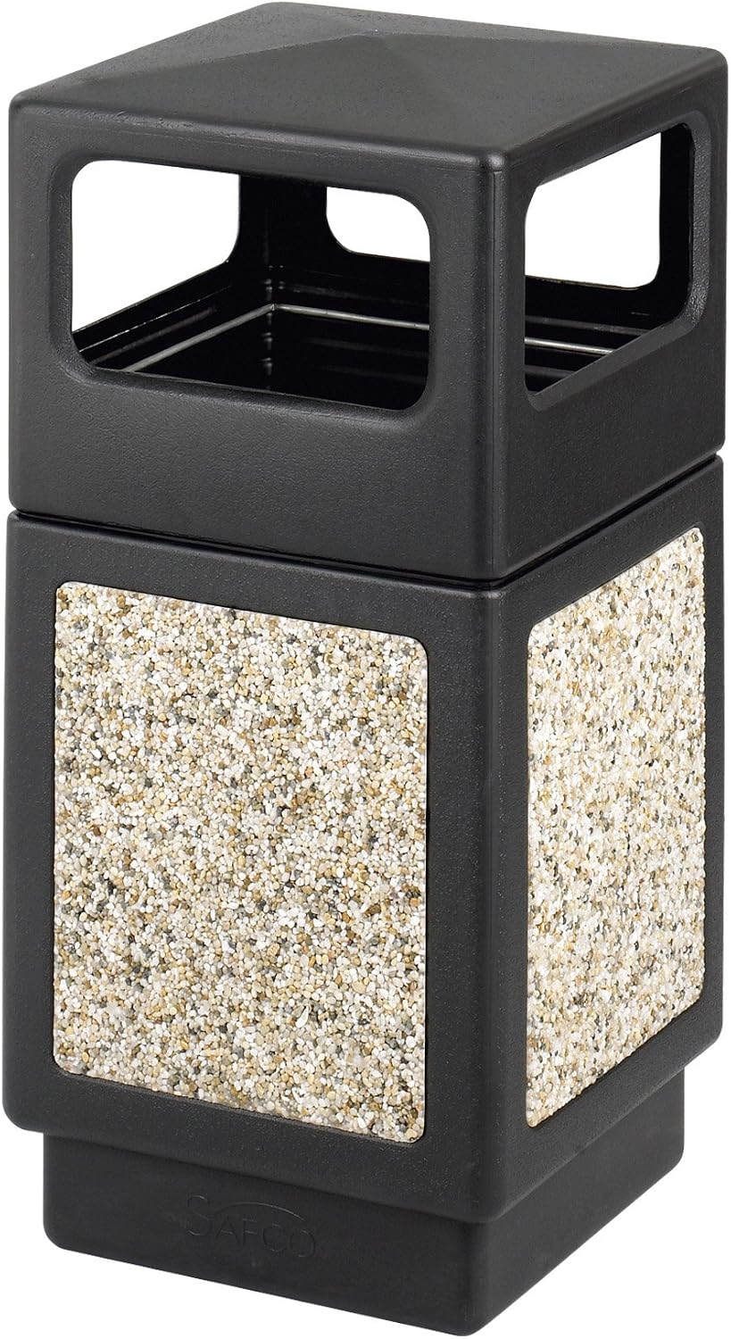 Safco Canmeleon Trash Can, 38 Gallons, Indoor/Outdoor Use, Durable & Weather-Resistant Commercial Garbage Can w Stone Panels, Black