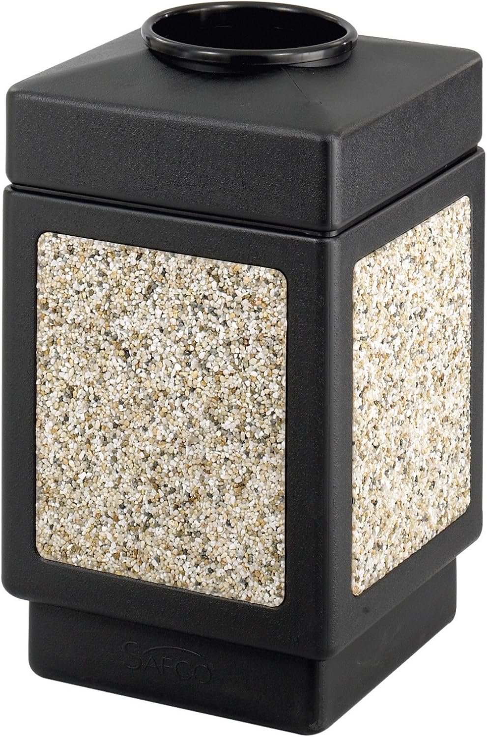 Safco Canmeleon Trash Can, 38 Gallons, Indoor/Outdoor Use, Open Top, Durable & Weather-Resistant Commercial Garbage Can w Stone Panels, Black