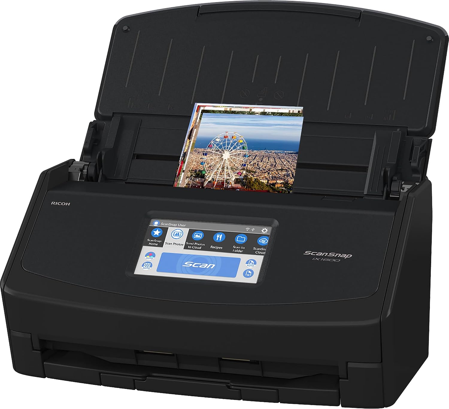 ScanSnap iX1600 Wireless/USB High-Speed Document, Photo & Receipt Scanner, Touchscreen, ADF, 17W, Mac/PC, Black
