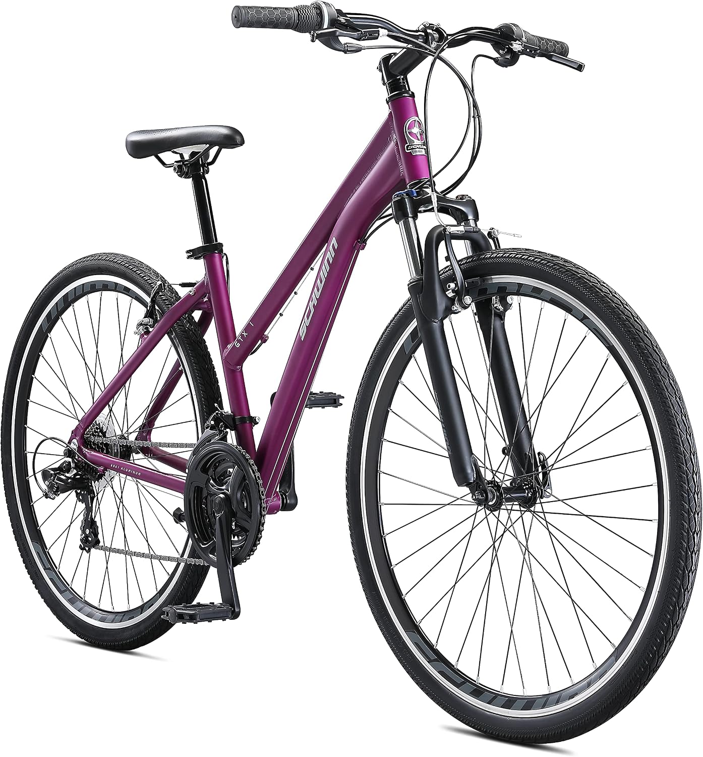 Schwinn GTX 1.0 Comfort Hybrid Bike for Adults – Dual Sport Bicycle, 700c Wheels, 17.5″ Aluminum Frame, Step-Through/Over, Purple