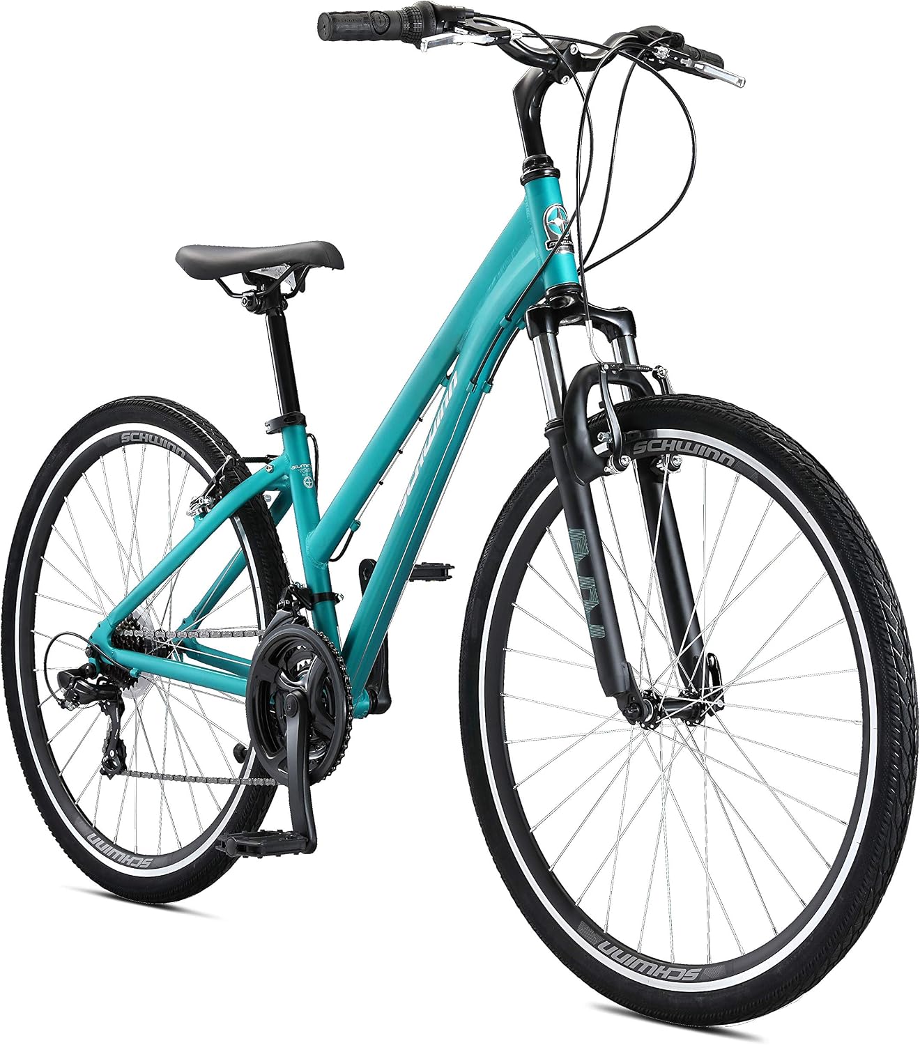 Schwinn Network 1 Hybrid Bike, 700c Adult Bicycle for Men & Women, 21-Speed, 15″ Aluminum Frame, Suspension Fork, Teal