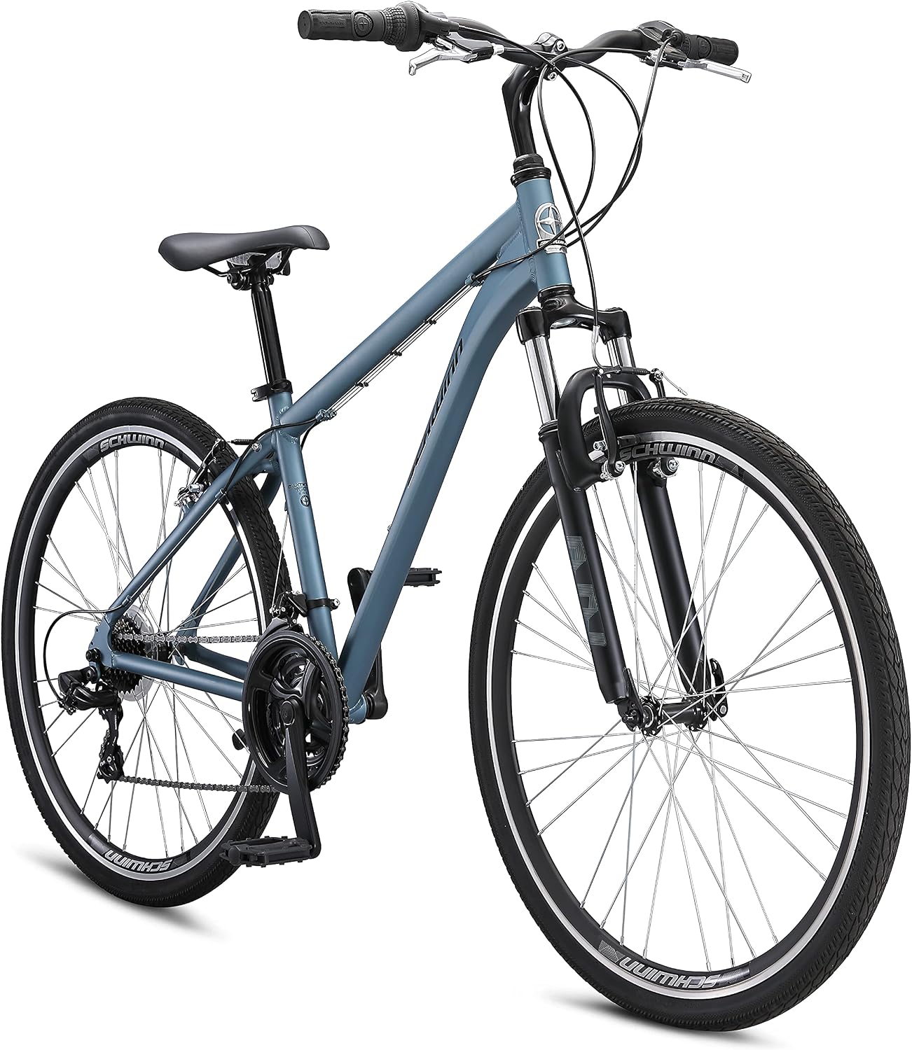 Schwinn Network 1 Hybrid Bike, 700c Adult Bicycle for Men & Women, 21-Speed, 17″ Aluminum Frame, Suspension Fork, Blue Grey