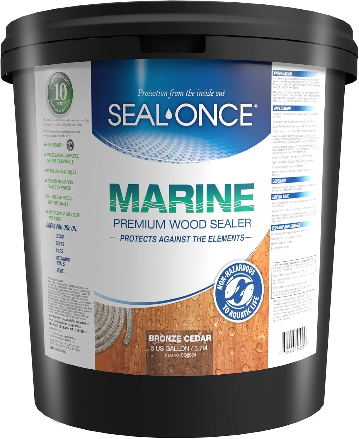 Seal-Once Marine Premium Wood Sealer – Waterproof Sealant – Wood Stain and Sealer in One – 5 Gallon & Bronze Cedar