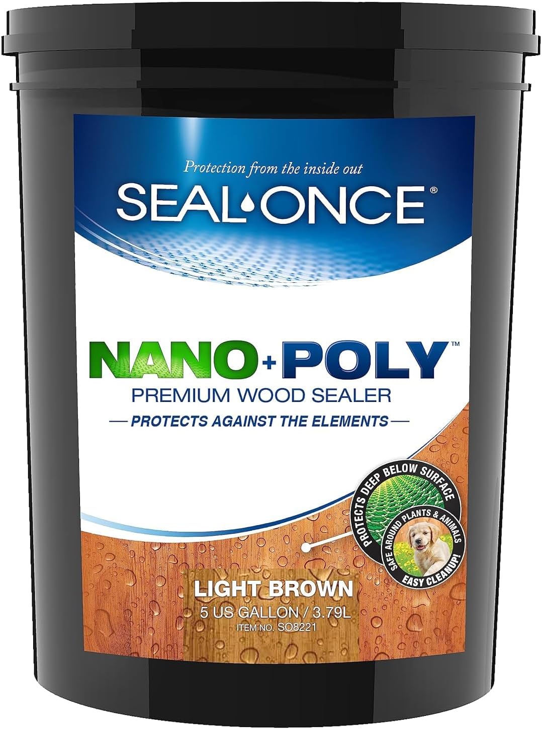 Seal-Once Nano+Poly Penetrating Wood Sealer with Polyurethane – Premium Waterproof Sealant – 5 Gallon & Light Brown