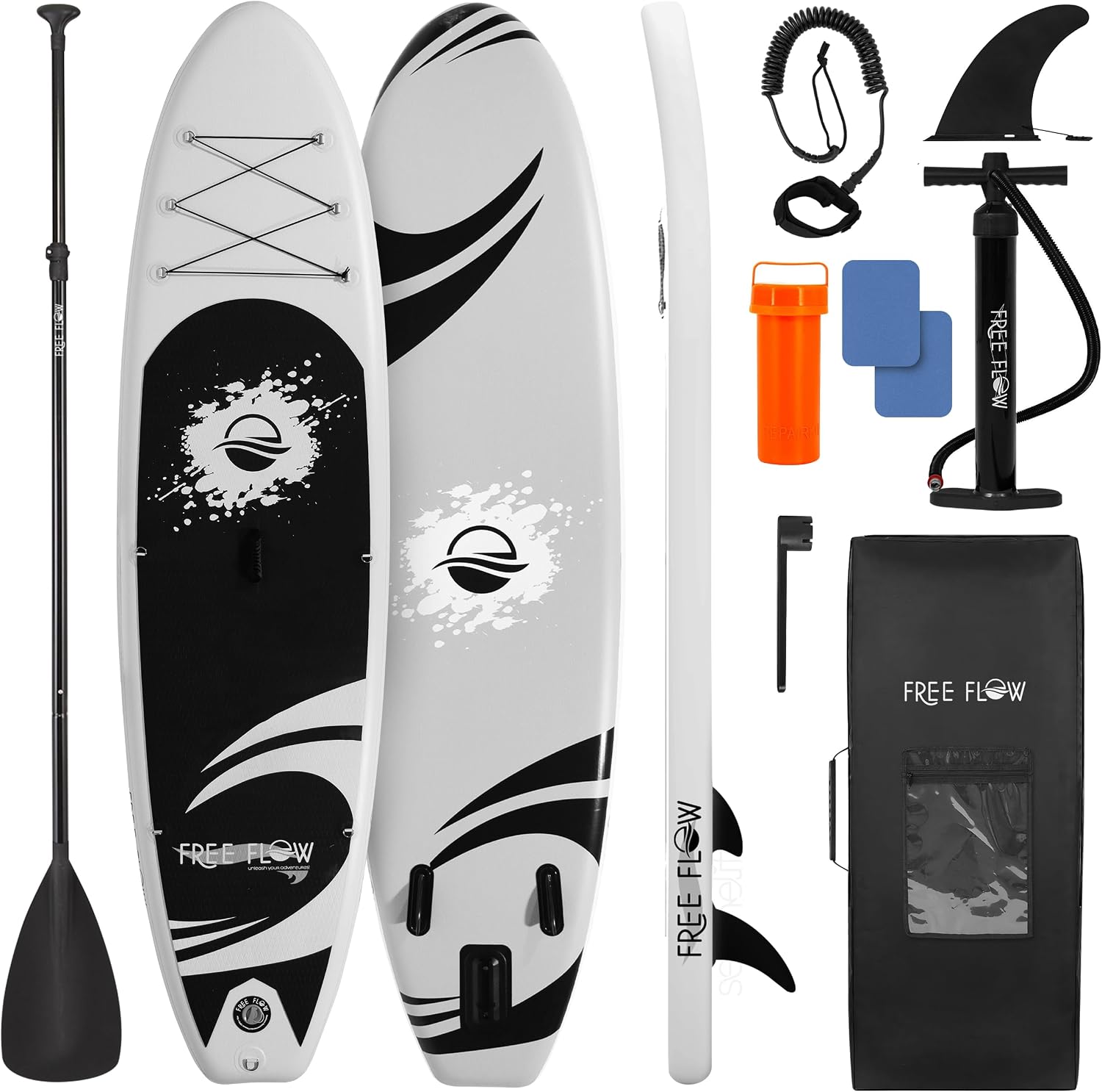 SereneLife Inflatable SUP – Wide, Stable Paddle Board with Non-Slip Deck, Accessories, 350 lbs Capacity for All Skill Levels – Black/Light Gray