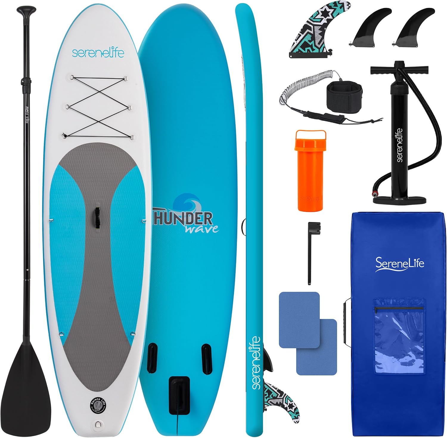 SereneLife Inflatable SUP – Wide, Stable Paddle Board with Non-Slip Deck, Accessories, 350 lbs Capacity for All Skill Levels – Marine Blue