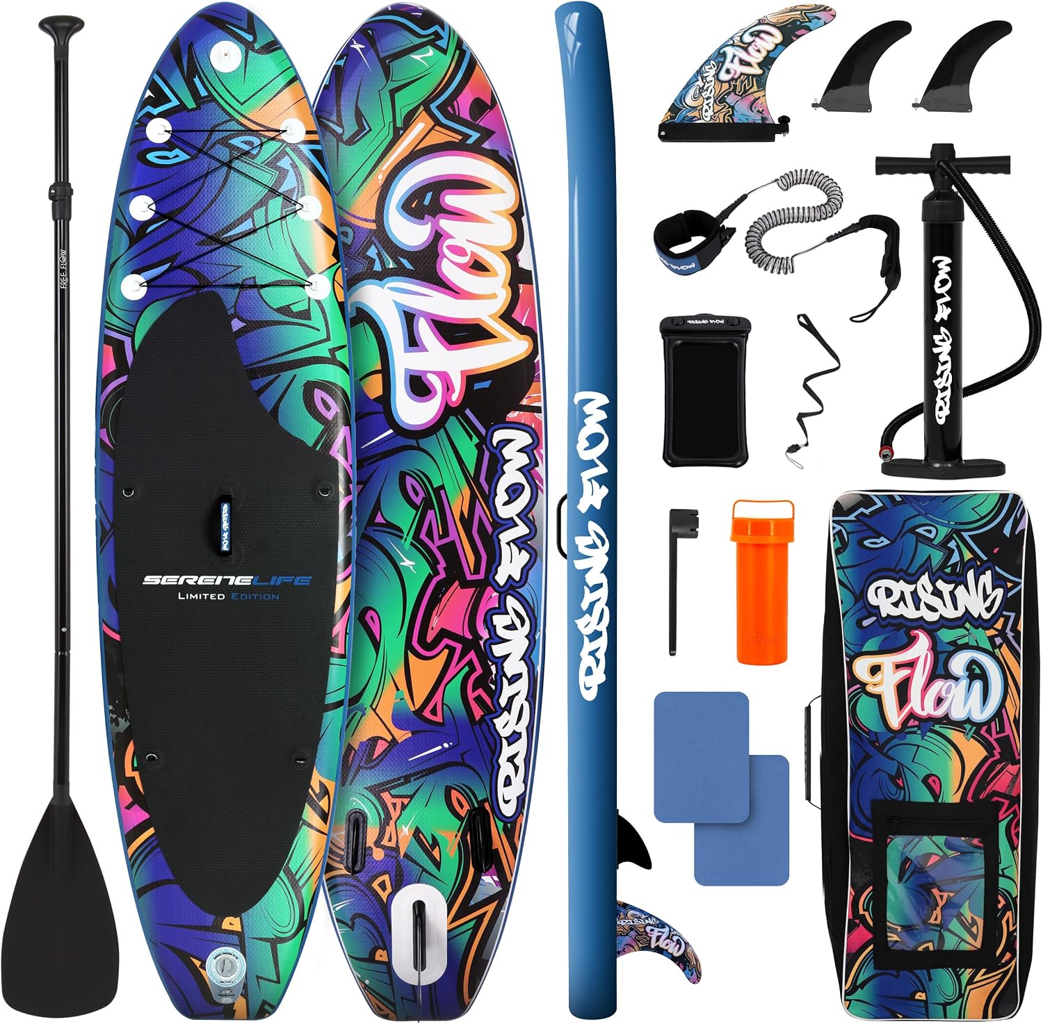 SereneLife Inflatable SUP – Wide, Stable Paddle Board with Non-Slip Deck, Accessories & 350 lbs Capacity for All Skill Levels – Multicolor