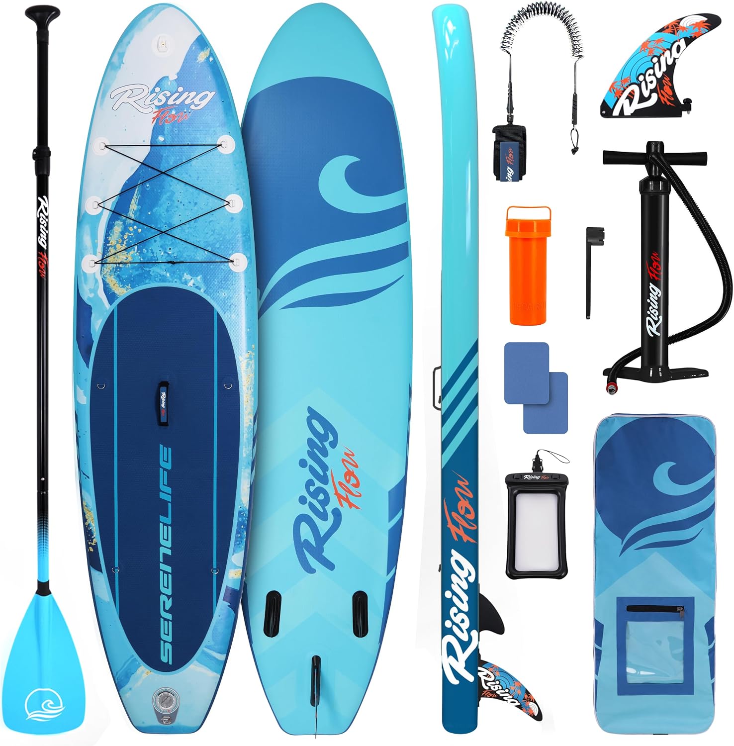 SereneLife Inflatable SUP – Wide, Stable Paddle Board with Non-Slip Deck, Accessories, 350 lbs Capacity for All Skill Levels – Ocean Blue