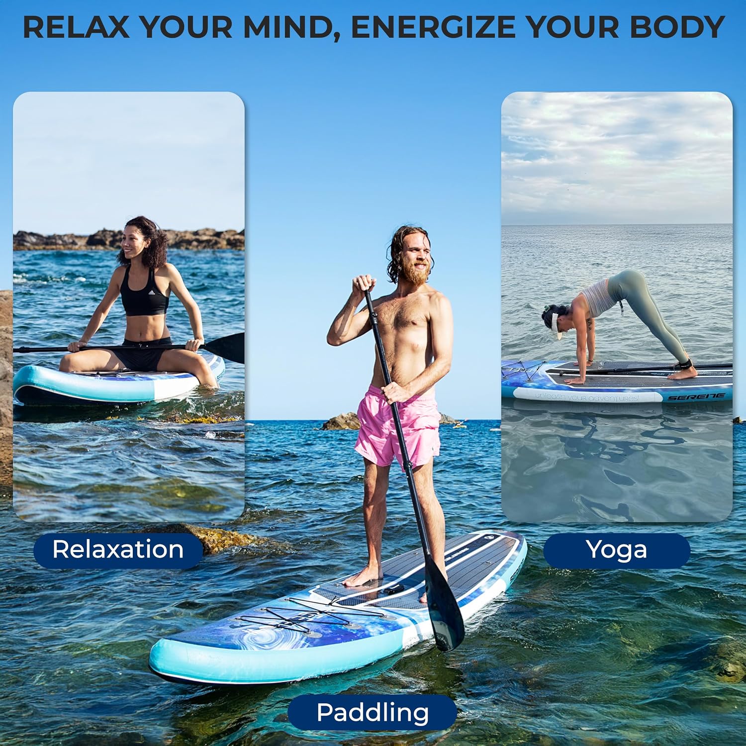 SereneLife Inflatable SUP – Wide, Stable Paddle Board with Non-Slip Deck & Accessories, 350 lbs Capacity for All Skill Levels, Ocean Blue