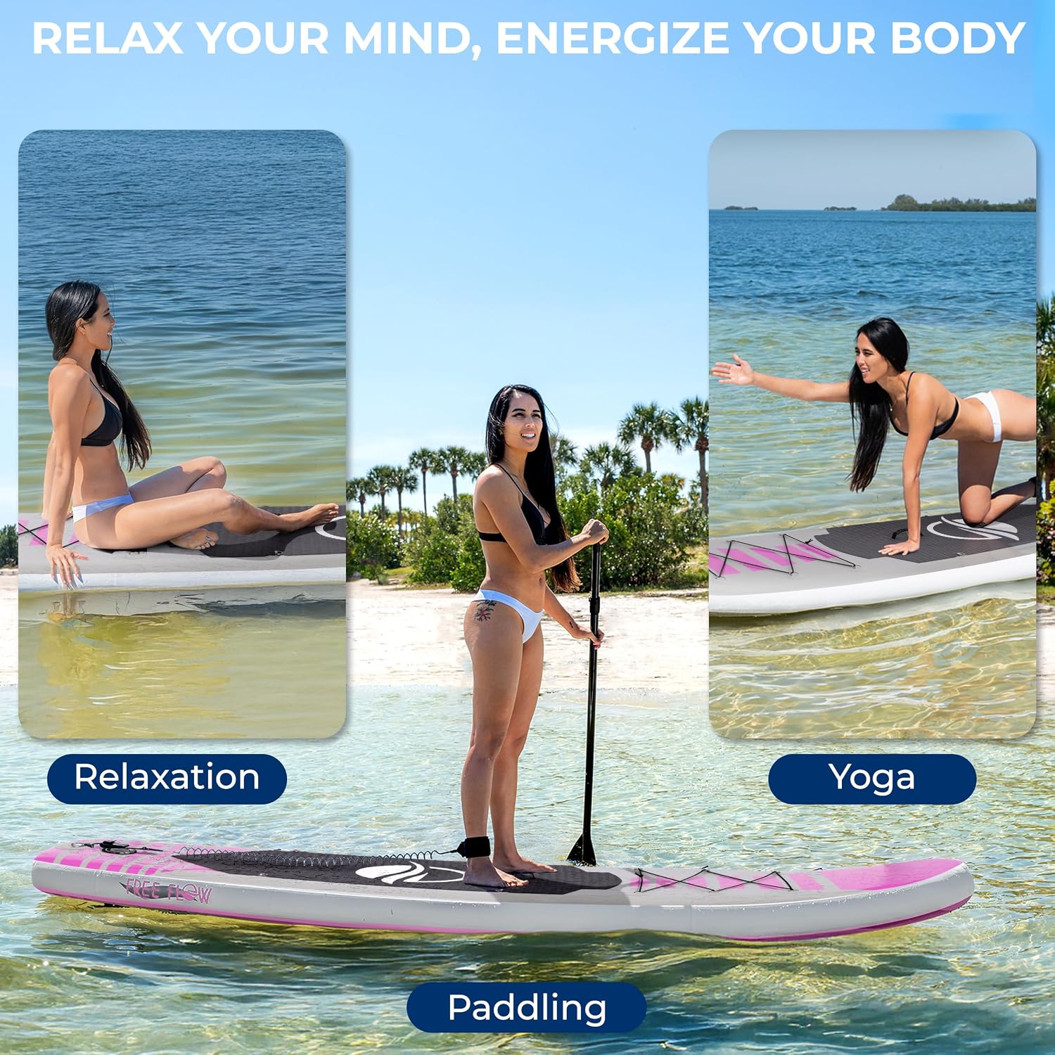 SereneLife Inflatable SUP – Wide, Stable Paddle Board with Non-Slip Deck, Accessories, 350 lbs Capacity for All Skill Levels – Pink