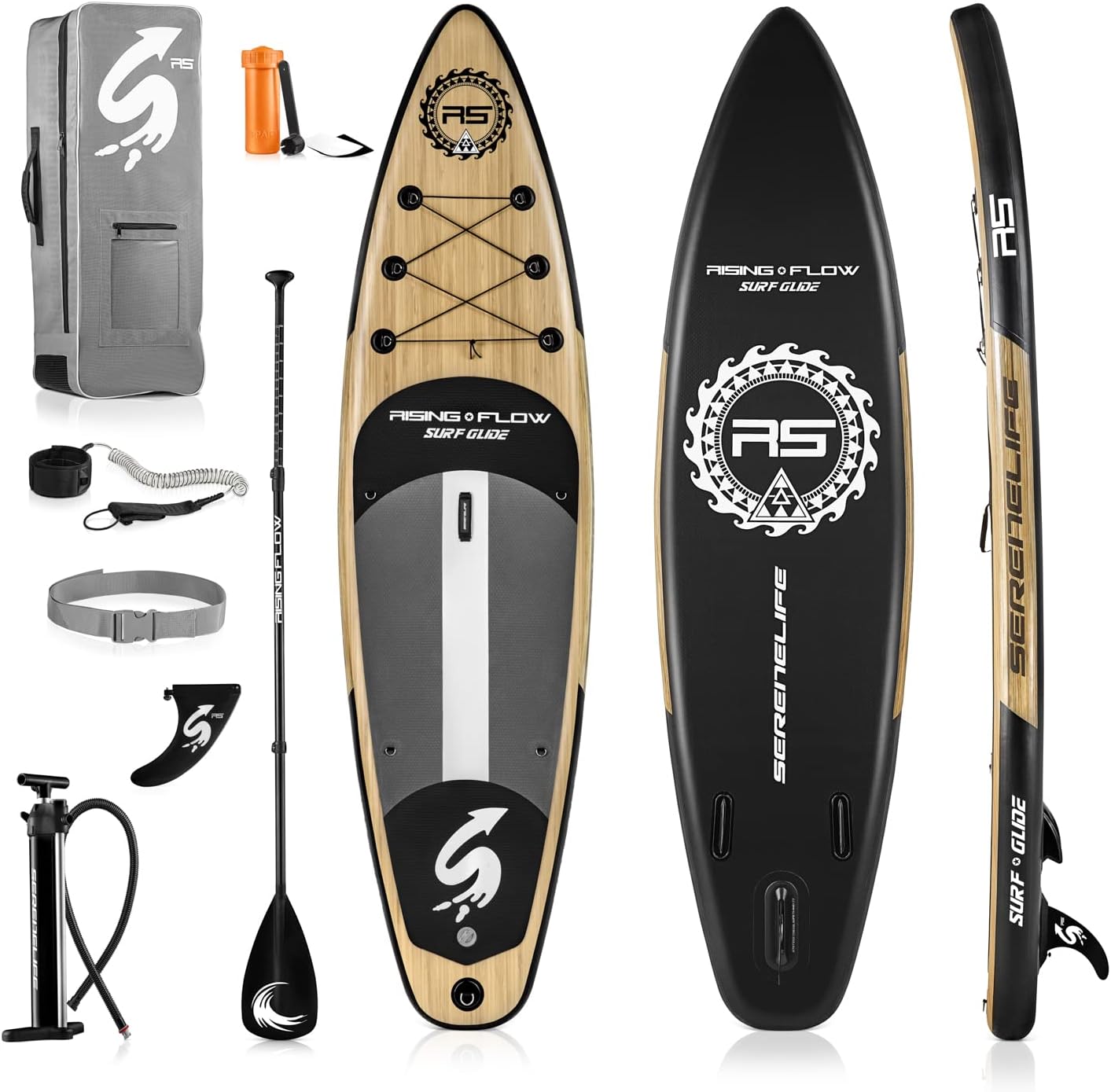 SereneLife Inflatable SUP – Wide, Stable Paddle Board with Non-Slip Deck & Accessories, 350 lbs Capacity for All Skill Levels, Wood