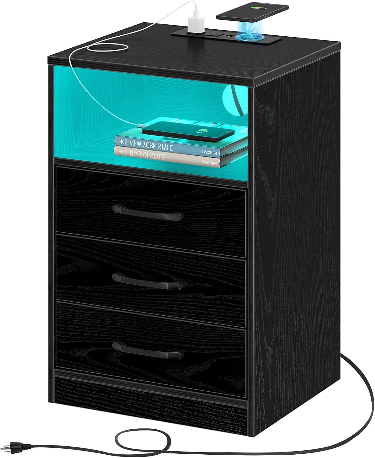 Seventable Nightstand with Wireless Charging Station and LED Lights, Black
