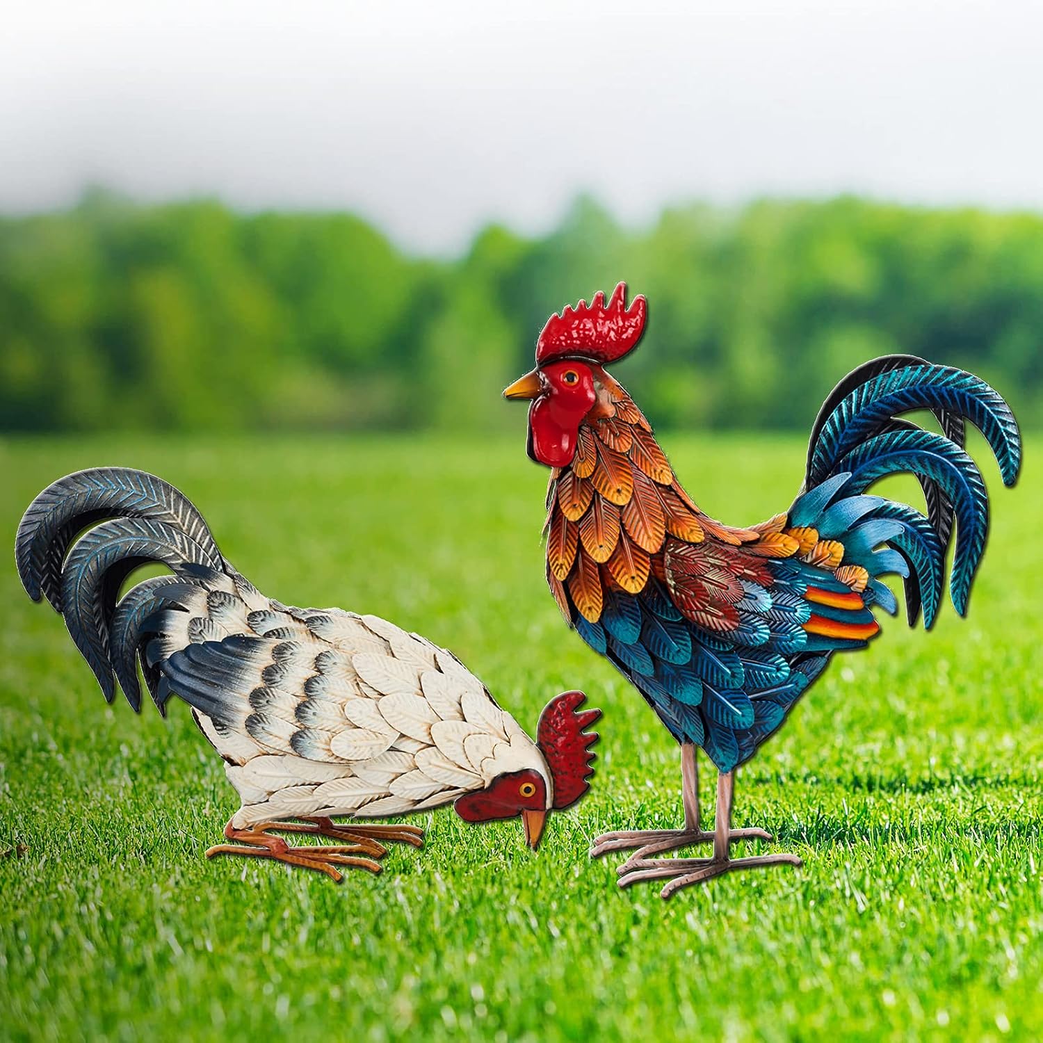 Shorayn Metal Rooster Statues, Outdoor Garden Statues, Metal Chicken Decor, Set of 2