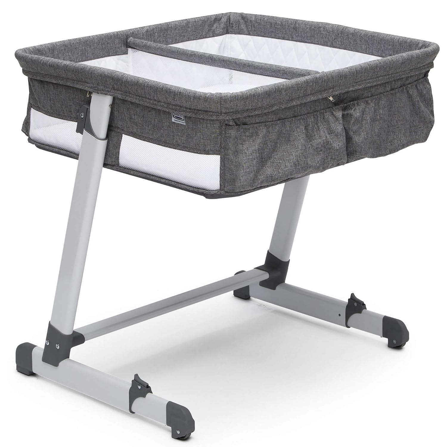 Simmons Kids By The Bed City Sleeper Bassinet for Twins – Adjustable Height Portable Crib with Wheels & Airflow Mesh, Grey Tweed