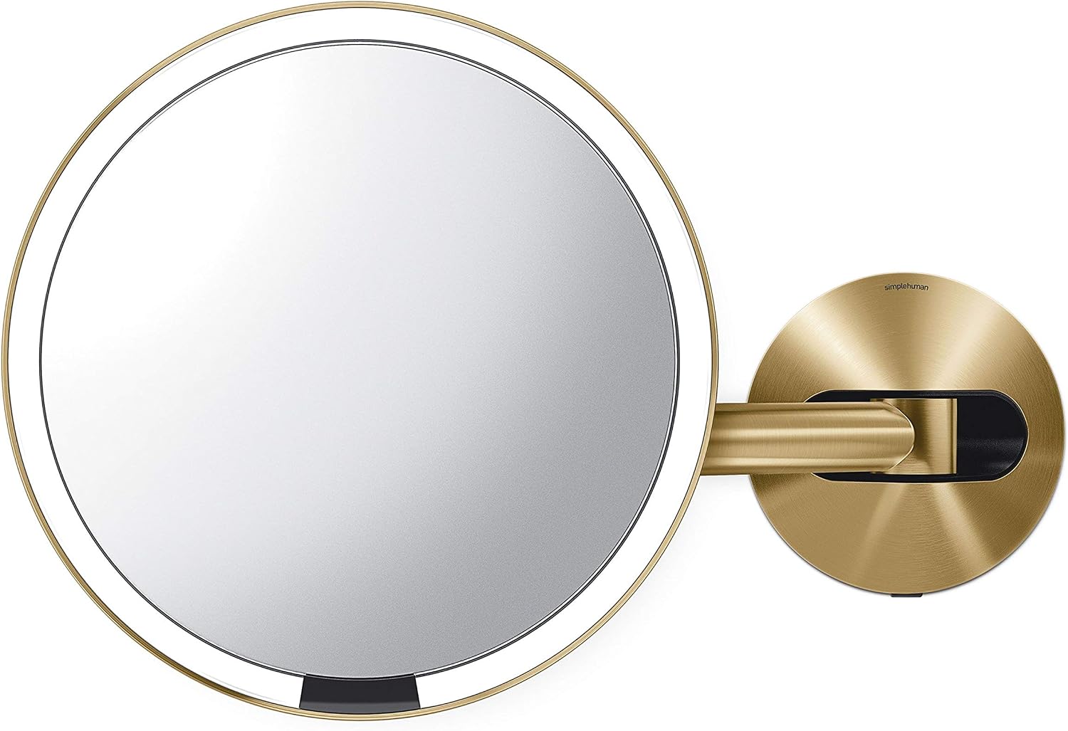 simplehuman Sensor Mirror, Wall Mount Makeup Mirror with Light, 8″ Round Lighted with Magnification (5X), Hard Wired, Swing Arm, Brass Stainless Steel