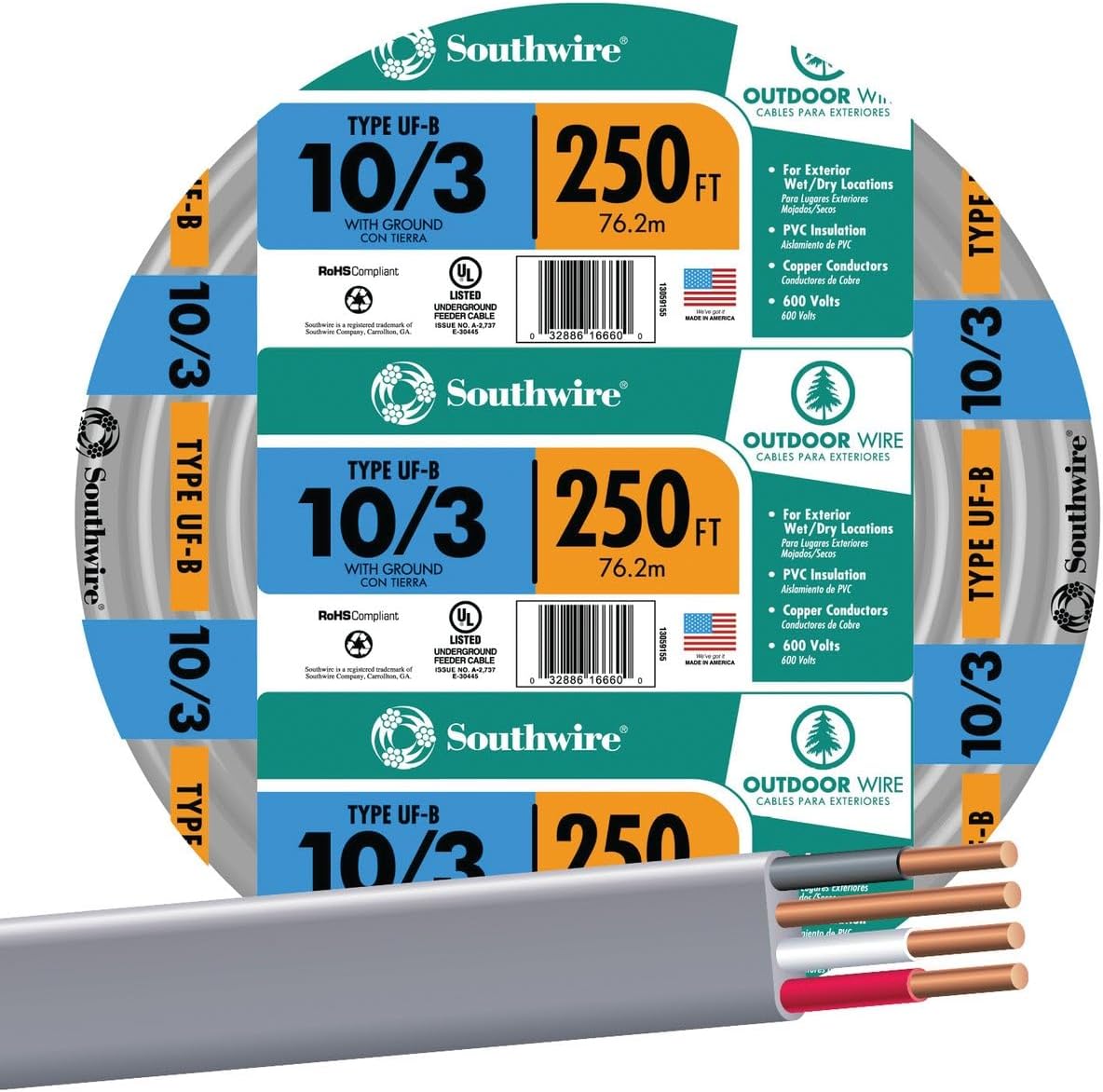 SOUTHWIRE COMPANY #13059155 250′ 10/3 W/G UF Cable
