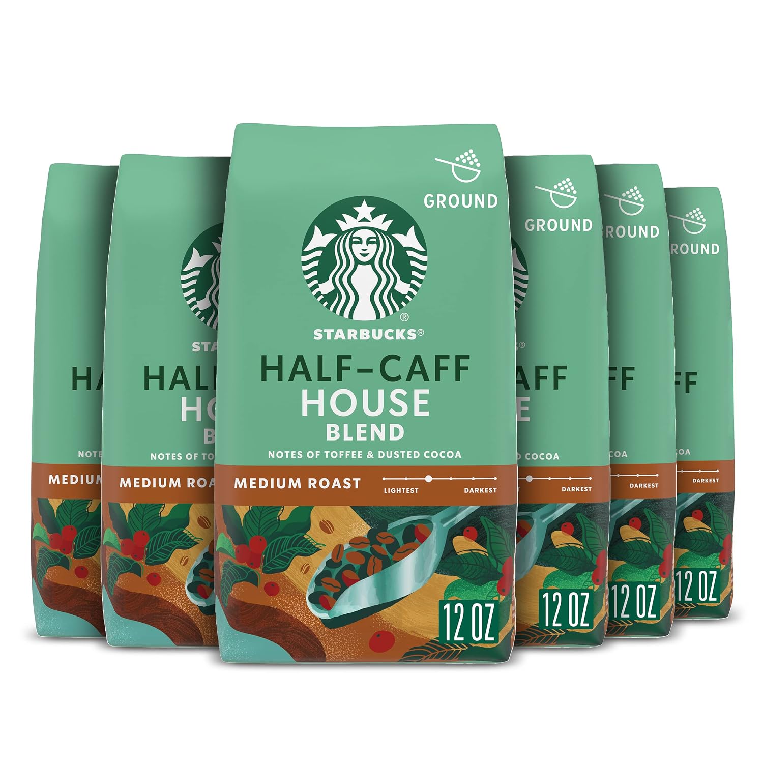 Starbucks Ground Coffee, Medium Roast Coffee, Half-Caff House Blend,  Arabica, 6 Bags (12 oz each)