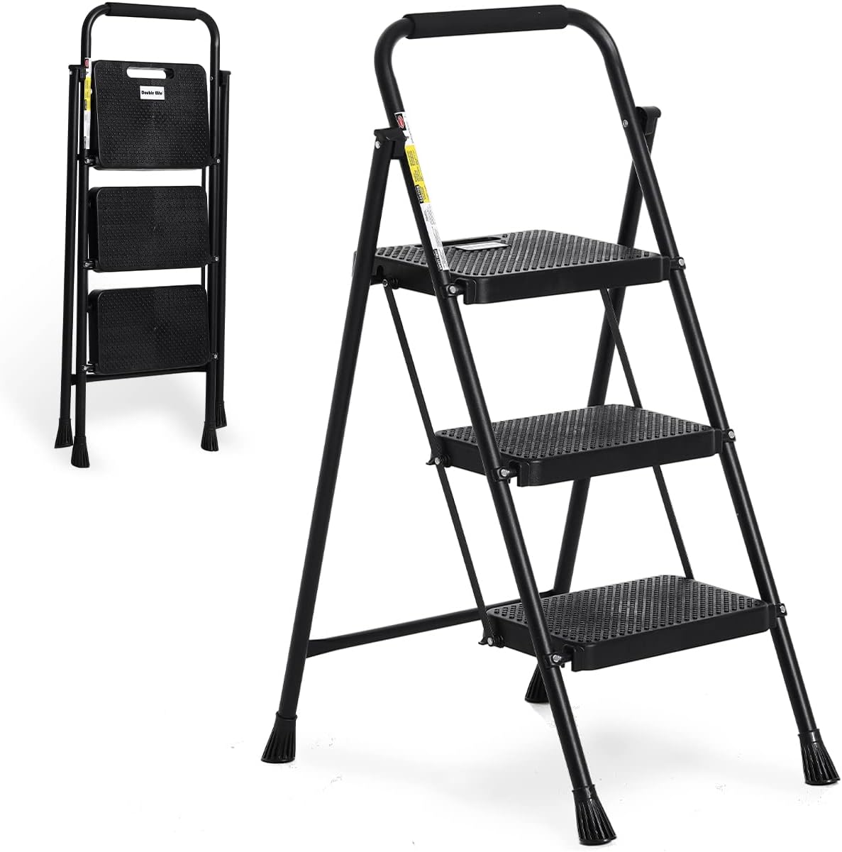 Step Ladder 3 Step Folding with Handgrip, 500Lbs Steel Step Stool, Folding Ladder with Anti-Slip Wide Pedals