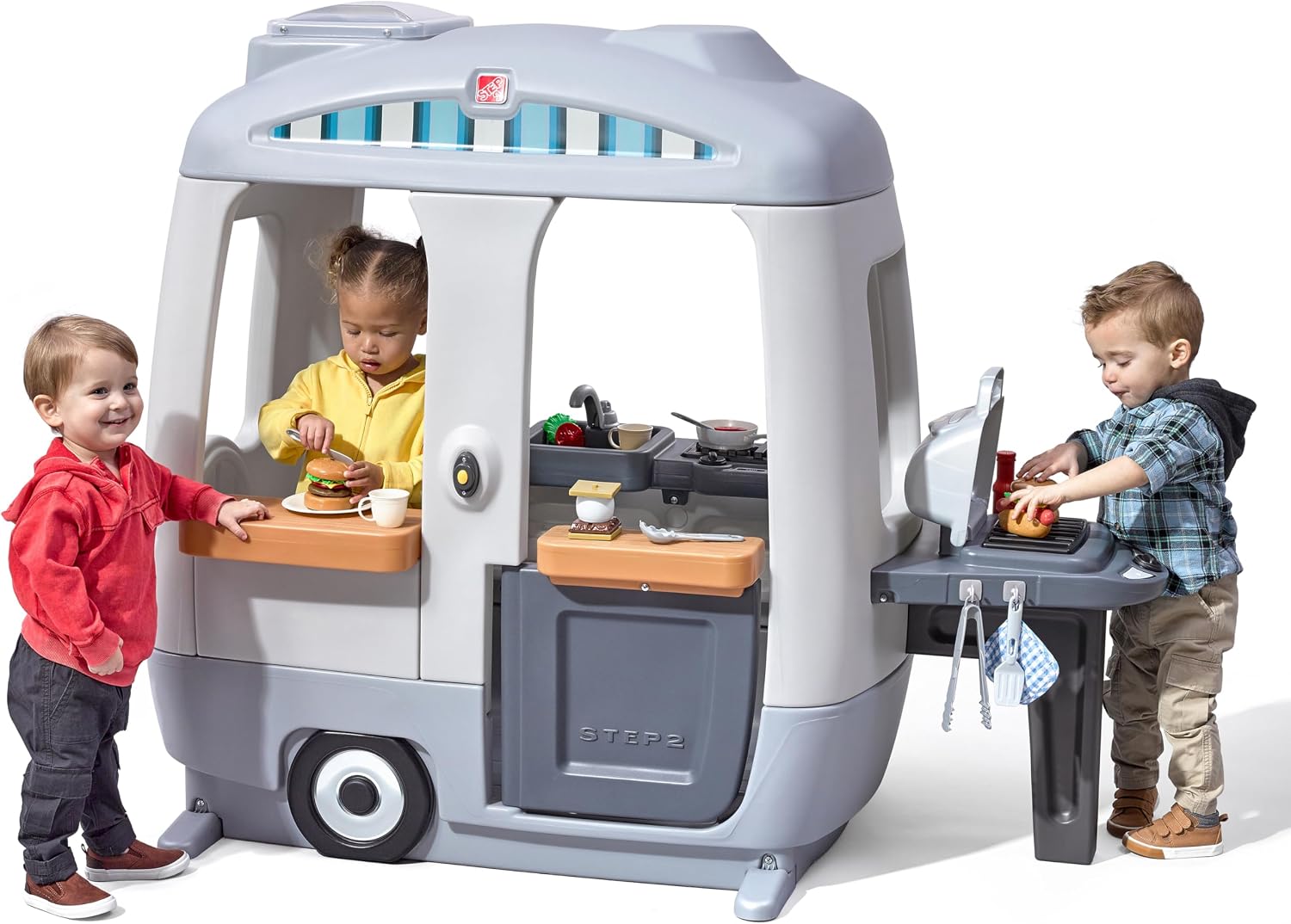 Step2 Adventure Camper Kids Playhouse, Indoor/Outdoor Playset & Kitchenette, Interactive Play with Sounds, Includes 52 Piece Toy Accessories, Made of Durable Plastic, For Toddlers 2+ Years Old