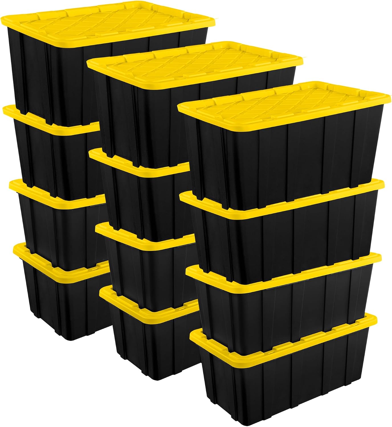Sterilite 12-Pack Stackable Storage Bins, Heavy Duty Totes w/Lids, 38 Gallon, Black/Yellow