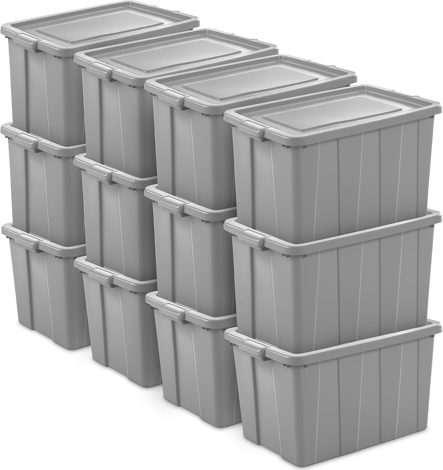 Sterilite 30 Gal Tuff1 Storage Bin – Durable Plastic Tote w/ Lid, Stackable, Temp & Impact Resistant, Gray – Garage/Basement Use – 12 Pack