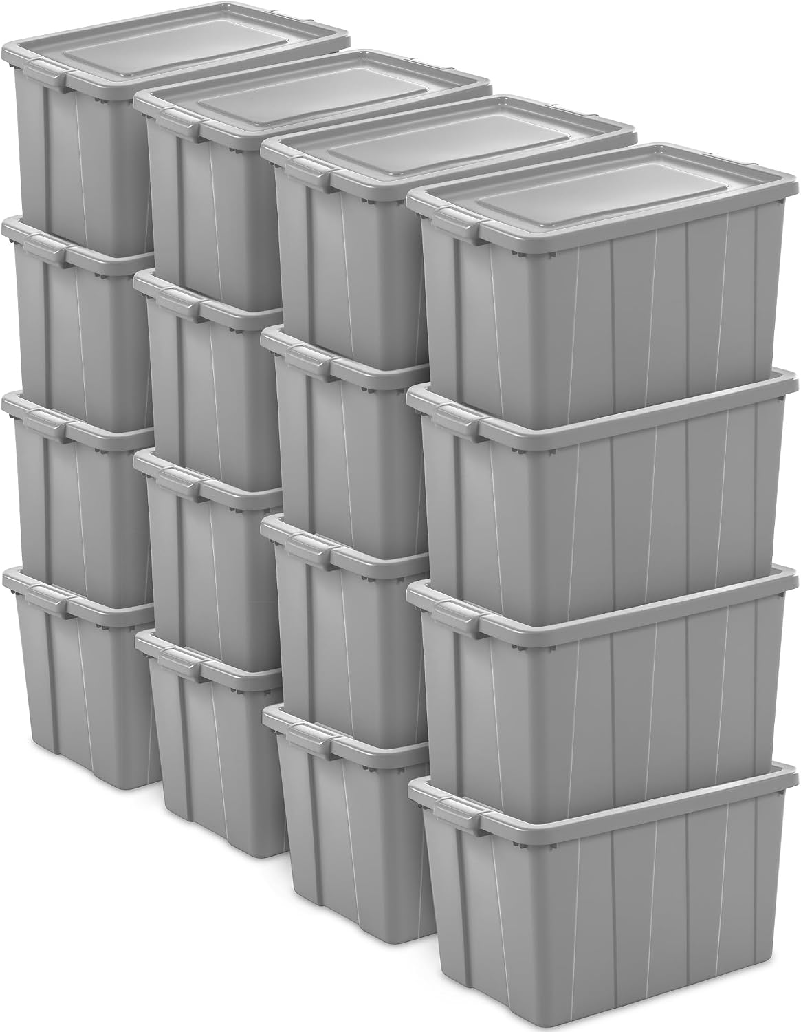 Sterilite 30 Gal Tuff1 Storage Bin – Durable Plastic Tote w/ Lid, Stackable, Temp & Impact Resistant, Gray – Garage/Basement Use – 16 Pack