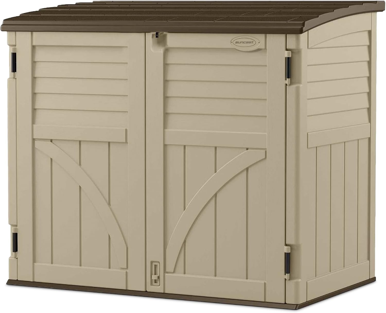 Suncast Horizontal Shed, Compact Outdoor Storage System, 34 Cu. Ft. Capacity, Sand & Slate – Lockable Multi-Wall Resin Organizer